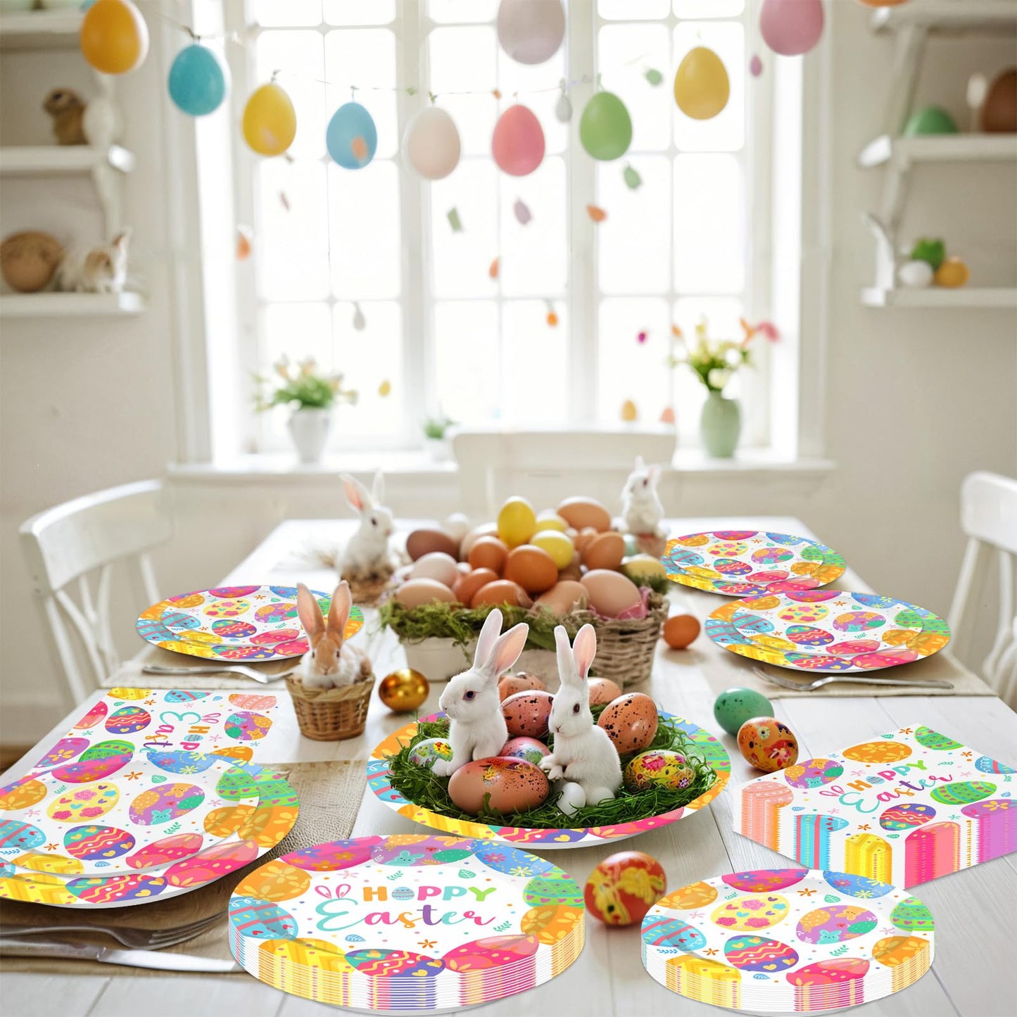 150 Pack Easter Party Supplies Set, Happy Easter Dinnerware Set Includes Heavy Duty Dessert Dinner Plates and Luncheon Napkins for Spring Birthday