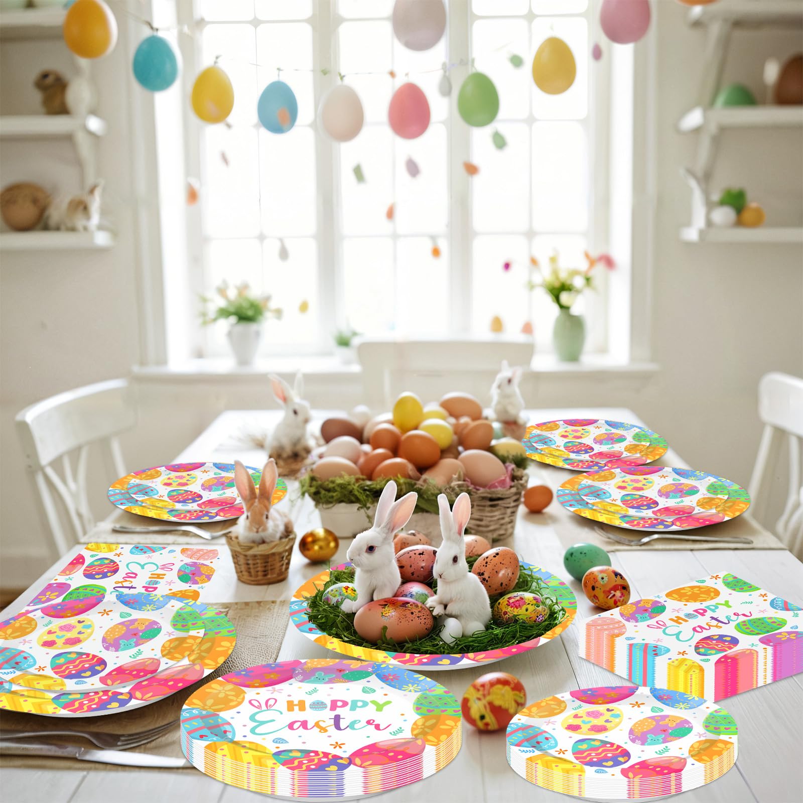 150 Pack Easter Party Supplies Set, Happy Easter Dinnerware Set Includes Heavy Duty Dessert Dinner Plates and Luncheon Napkins for Spring Birthday