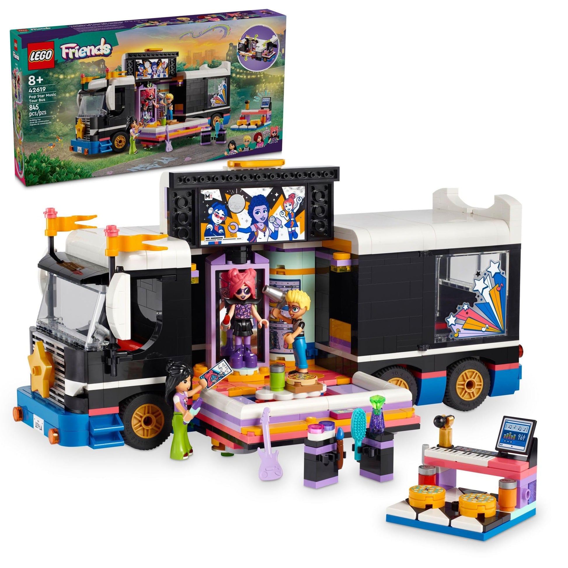 LEGO Friends Pop Star Music Tour Bus Play Together Toy, Social-Emotional Musical Toy with 4 Mini-Doll Characters, Toy Truck Building Kit, Music Gift
