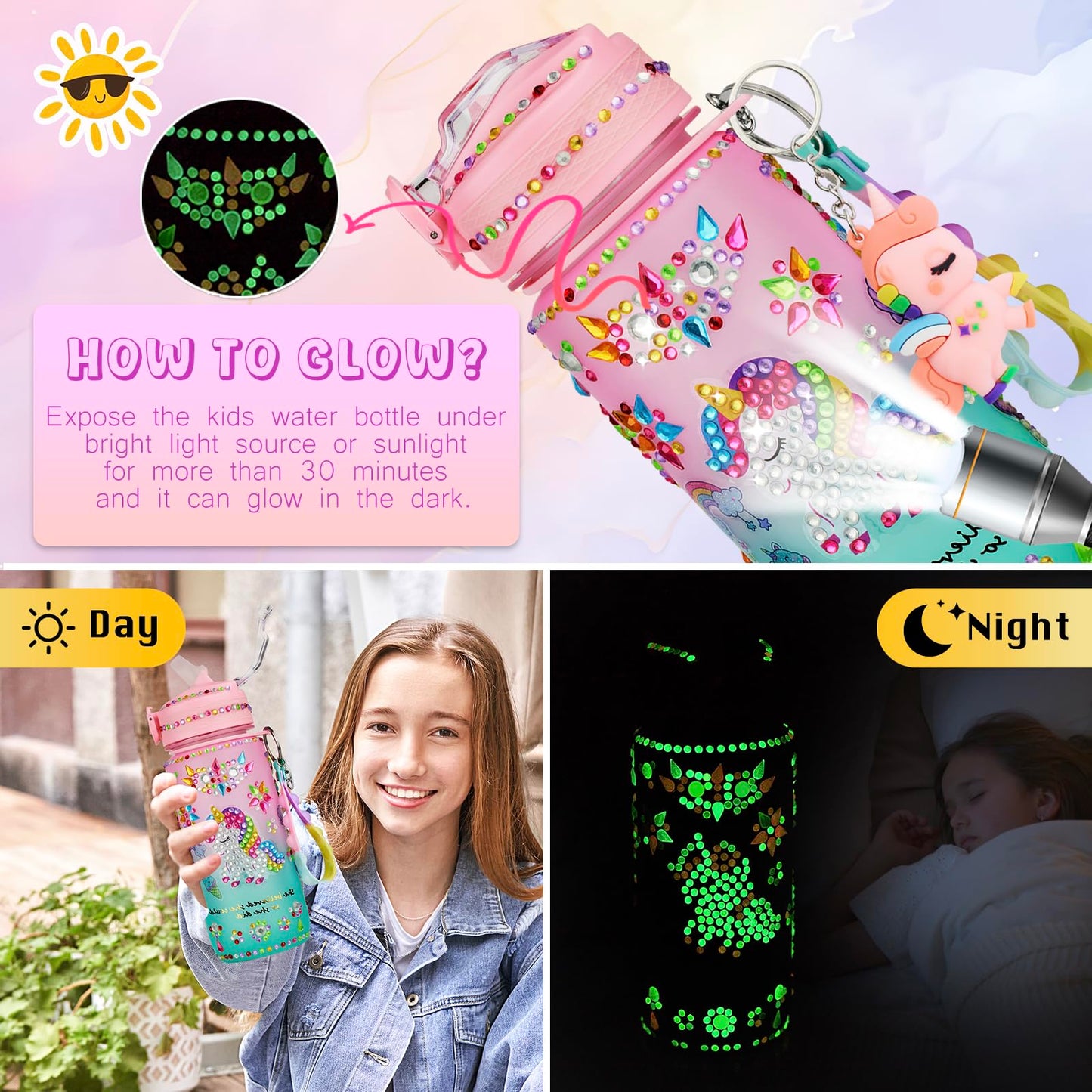 Bemetu Glow in the Dark Decorate Your Own Water Bottle Kits for Girls Age 4 5 6 7 8 9 10, Unicorn Diamond Painting Crafts Stickers, Fun Arts