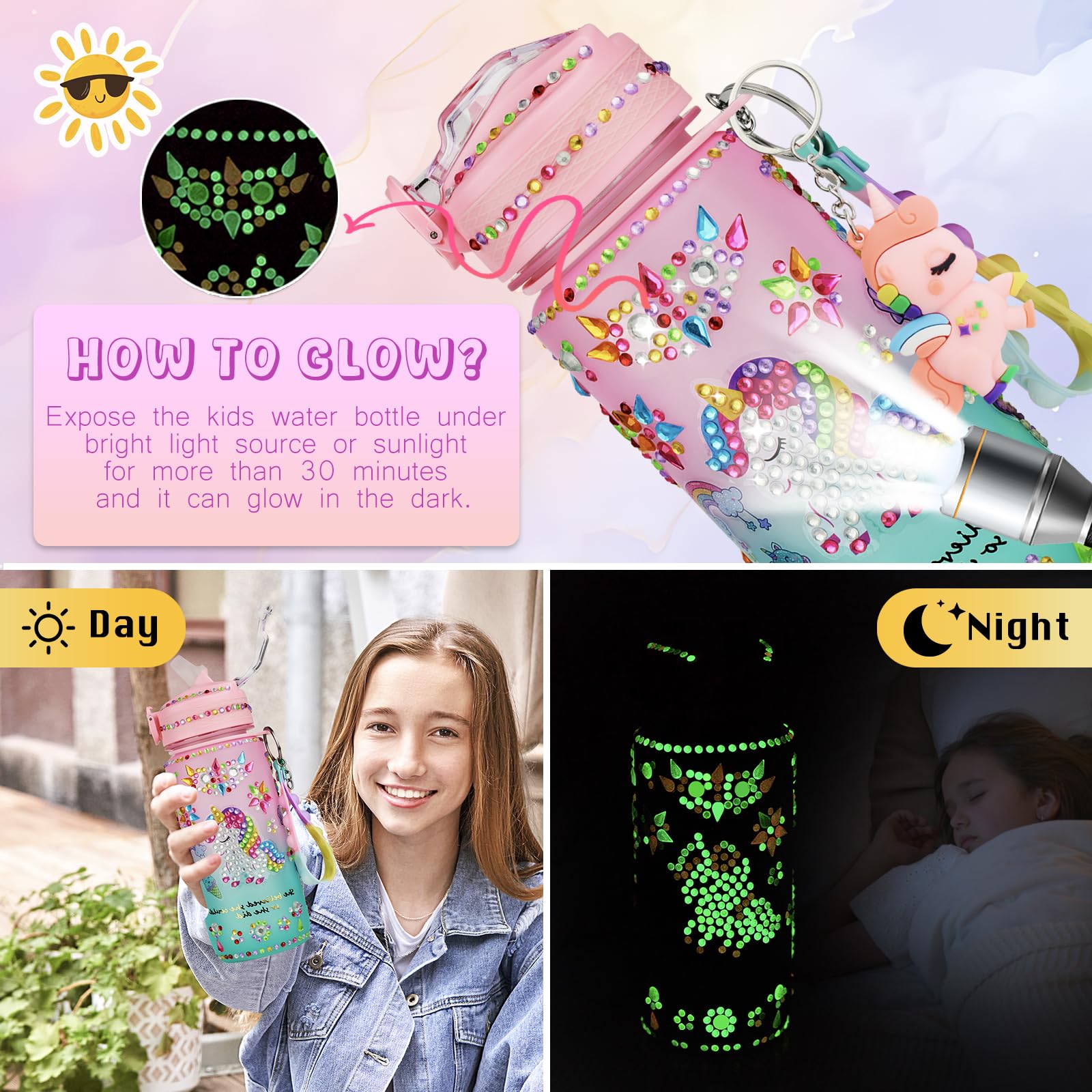 Bemetu Glow in the Dark Decorate Your Own Water Bottle Kits for Girls Age 4 5 6 7 8 9 10, Unicorn Diamond Painting Crafts Stickers, Fun Arts