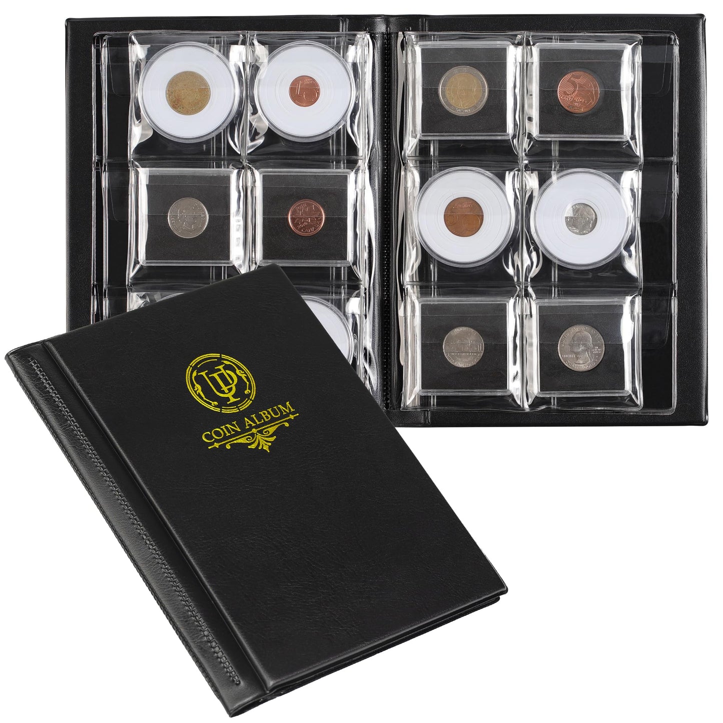 36 Pockets Coin Capsule Holder Album - 2.3x2.2 inches Coin Collecting Book with 6 Pages, Collection Album Sleeves for Square, Round Coin Snap Holders