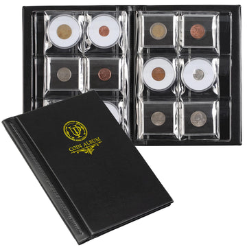 36 Pockets Coin Capsule Holder Album - 2.3x2.2 inches Coin Collecting Book with 6 Pages, Collection Album Sleeves for Square, Round Coin Snap Holders