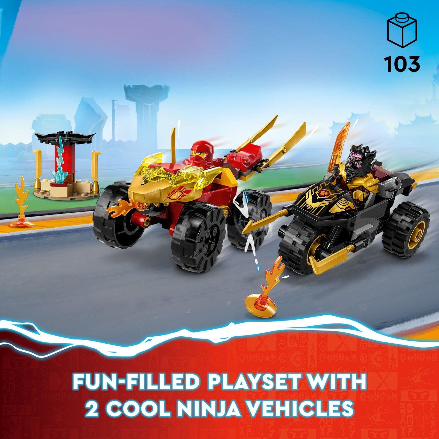 LEGO NINJAGO Kai and Ras’ Car and Bike Battle 71789 Beginner Building Toy Set, Features a Ninja Car Toy and Bike Plus 2 Minifigures, Birthday Gift