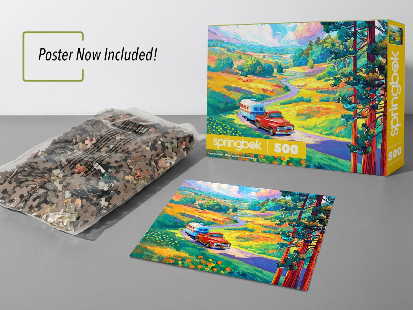 Springbok Road Trip 500 Piece Jigsaw Puzzle for Adults & Family - Poster Now Included - Vintage Travel Scene, Classic Car Adventure Art - Unique Cut