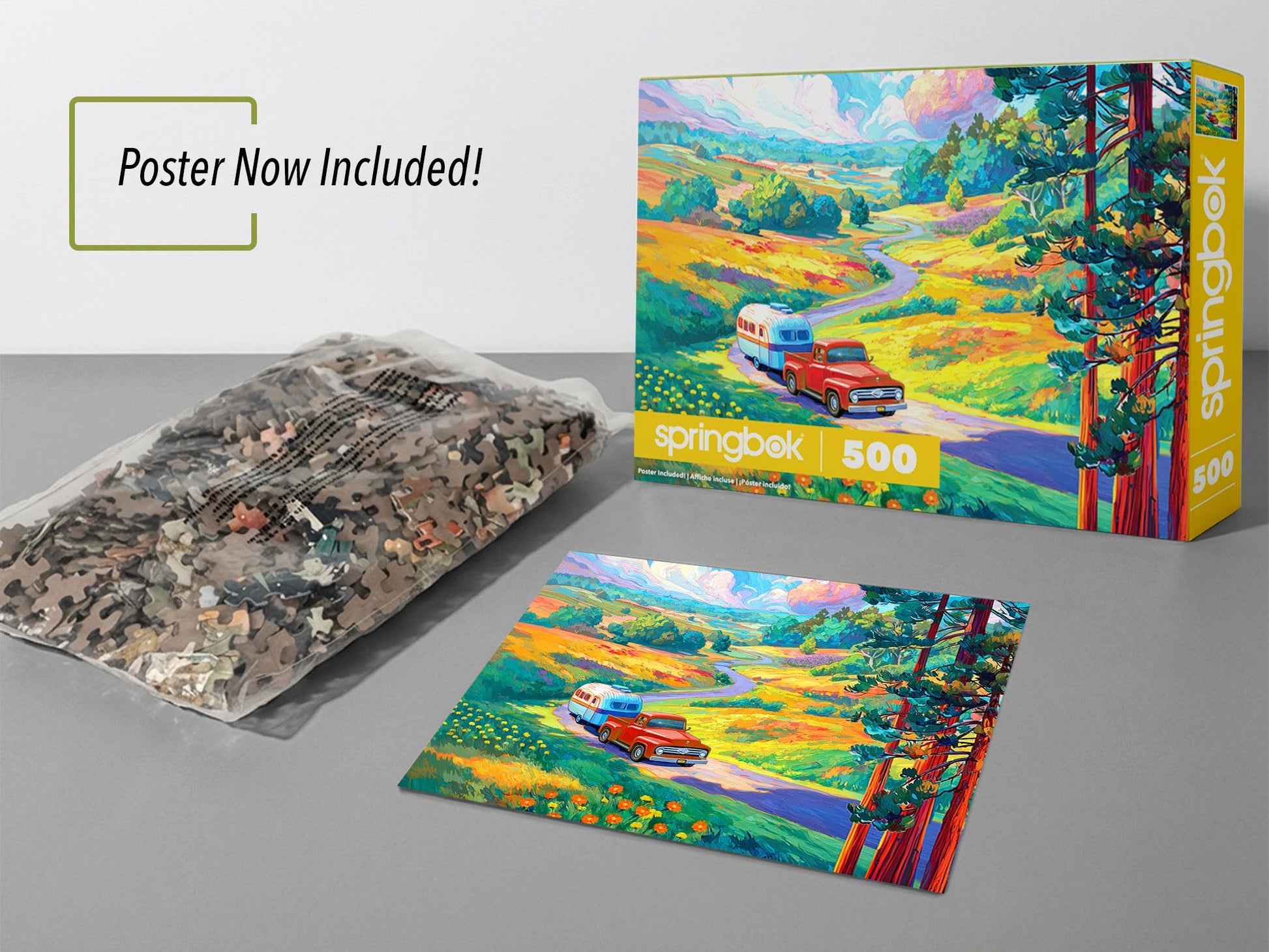 Springbok Road Trip 500 Piece Jigsaw Puzzle for Adults & Family - Poster Now Included - Vintage Travel Scene, Classic Car Adventure Art - Unique Cut