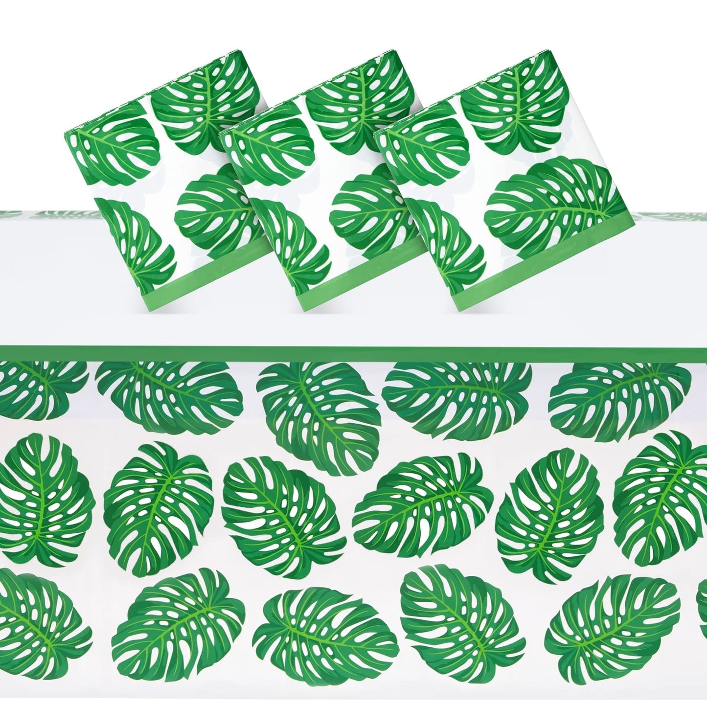 Blue Panda Tropical Leaves Tablecloths - 3 Pack, 54 x 108 in, Green/White Plastic - Baby Shower Tablecloth for Luau Party Decoration & Safari