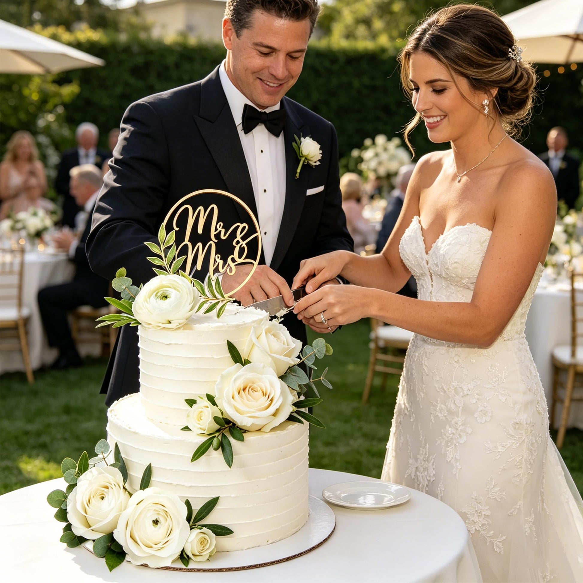 Mr & Mrs Wooden Wedding Cake Topper White Roses Flower Cake Decorations