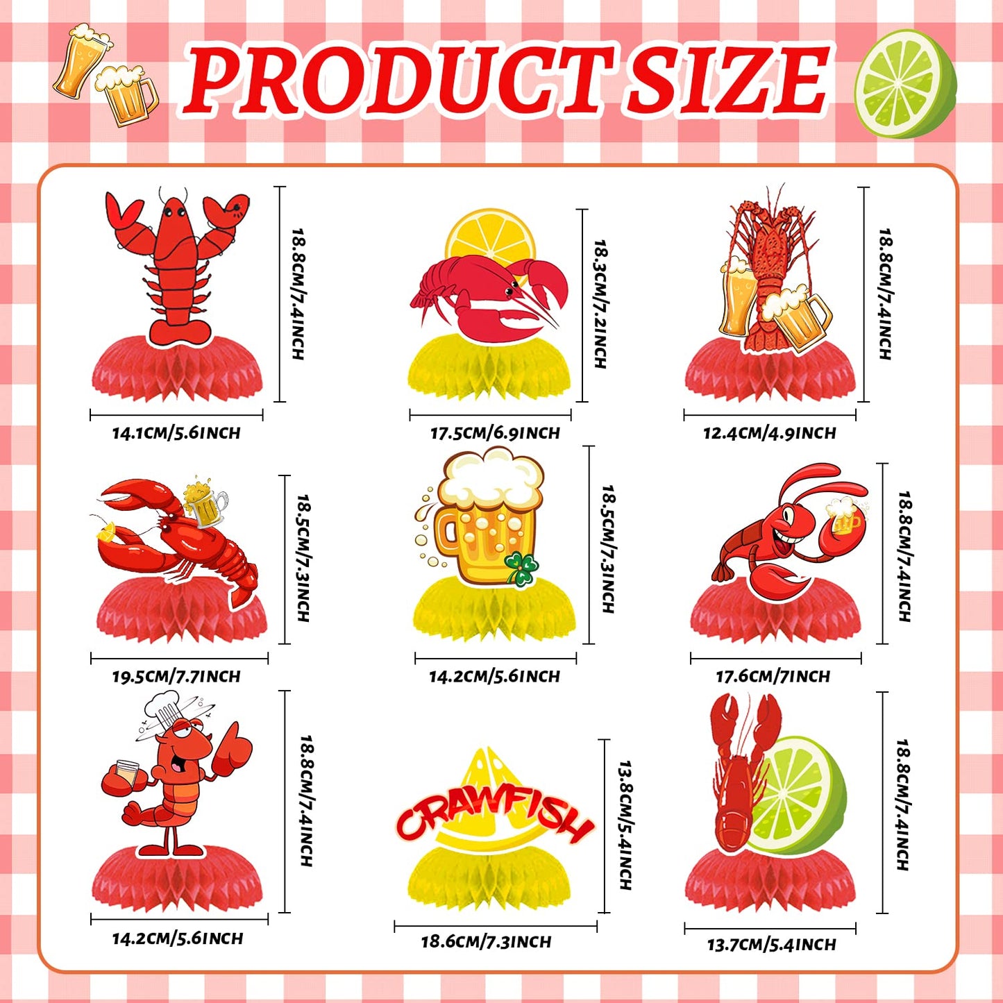 9PCS Crawfish Boil Honeycomb Centerpieces 3D Table Topper Lobster Double Side Centerpieces for Crayfish Crab Seafood Shrimp Boil Theme Party Supplies