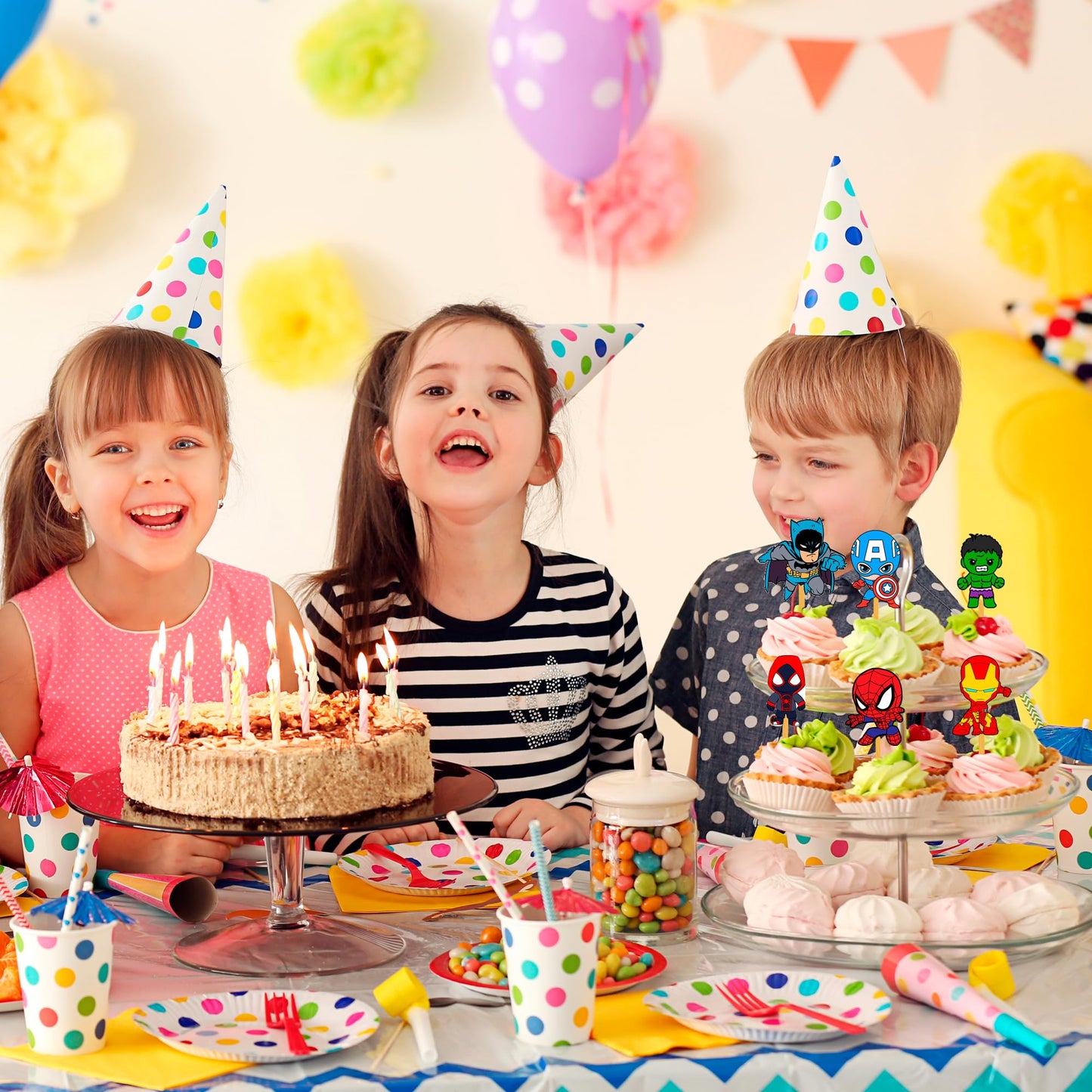 24x Hero Super kids Cupcake Toppers - Strong Picks Happy Birthday Décor, Cupcake Decorations for Kids Birthdays