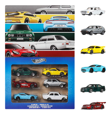 Hot Wheels 1:64 Scale Die-Cast Toy Cars, Set of 6 Euro Style Collectible Vehicles with Elevated Deco, for Play or Display (Styles May Vary)