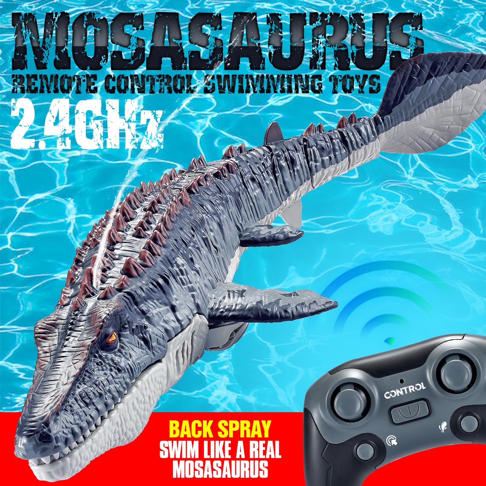 toylefun Remote Control Swimming Mosasaurus Toy, 2.4GHz Waterproof Design, 24-Inch Dinosaur Water Toy with Spray Function