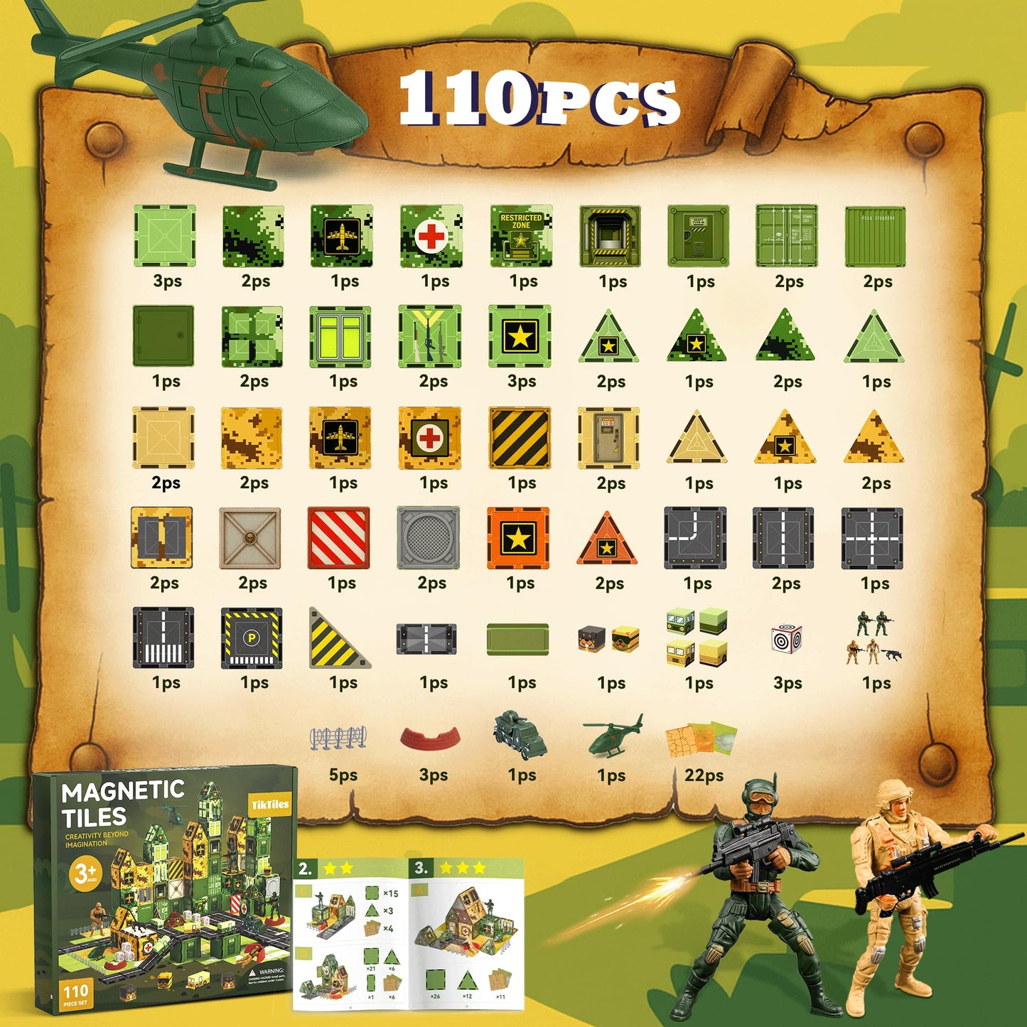 Magnetic Tiles Road Building Toys Set with Magnetic Blocks and Army Toys Accessories, Military Magnetic Blocks for Kids Ages 3-5 4-8, STEM Educational