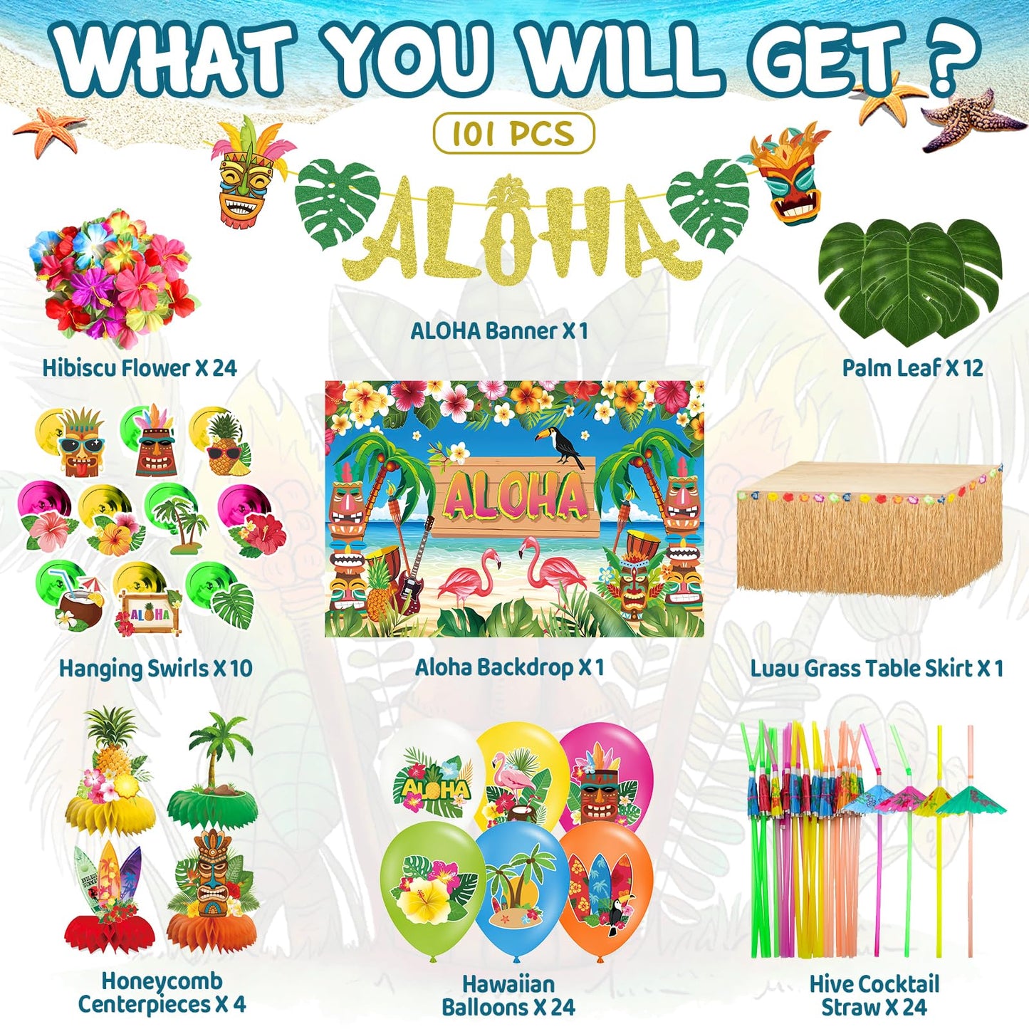 DMIGHT 101PCS Hawaiian Themed Party Decorations Set, Tropical Beach Aloha Summer Party Supplies, Including Backdrop, Table Skirt, Honeycomb