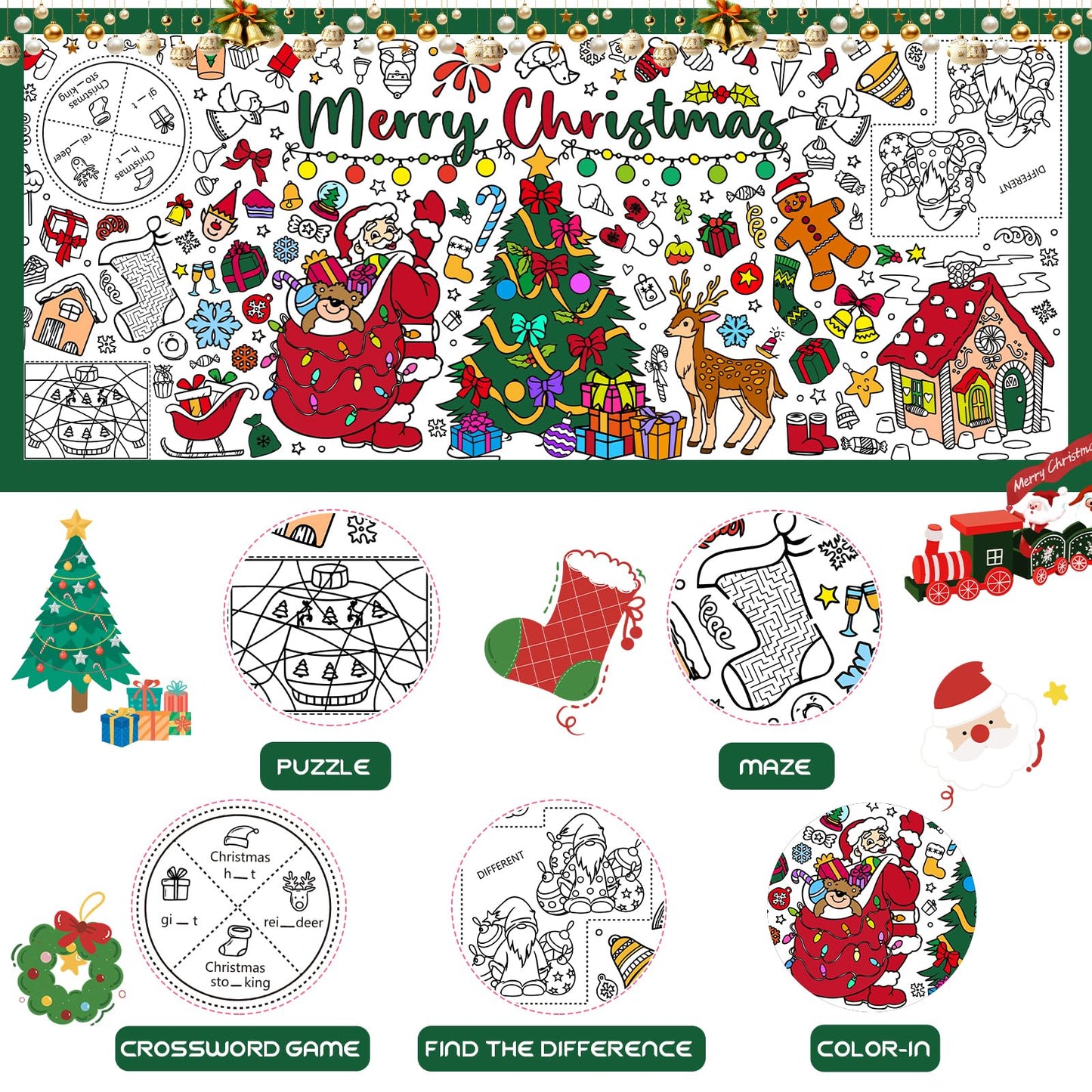 MYFEST Christmas Coloring Tablecloth 30x72 inches, Thick and Jumbo Christmas Coloring Poster for DIY Painting Activities or Developmental Games, Paper