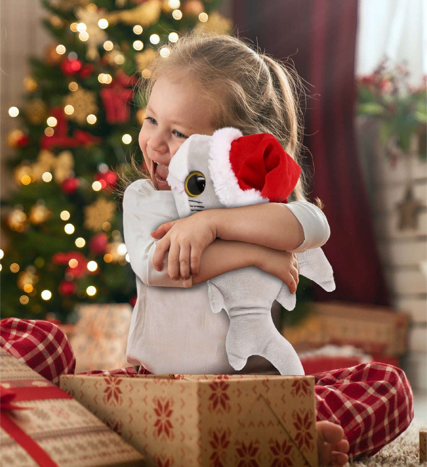 DolliBu Santa Big Eye Shark Stuffed Animal Plush Toy - Soft Ocean Life Animal Dress Up with Red Santa Claus Outfit, with Name Personalization - 6 Inch