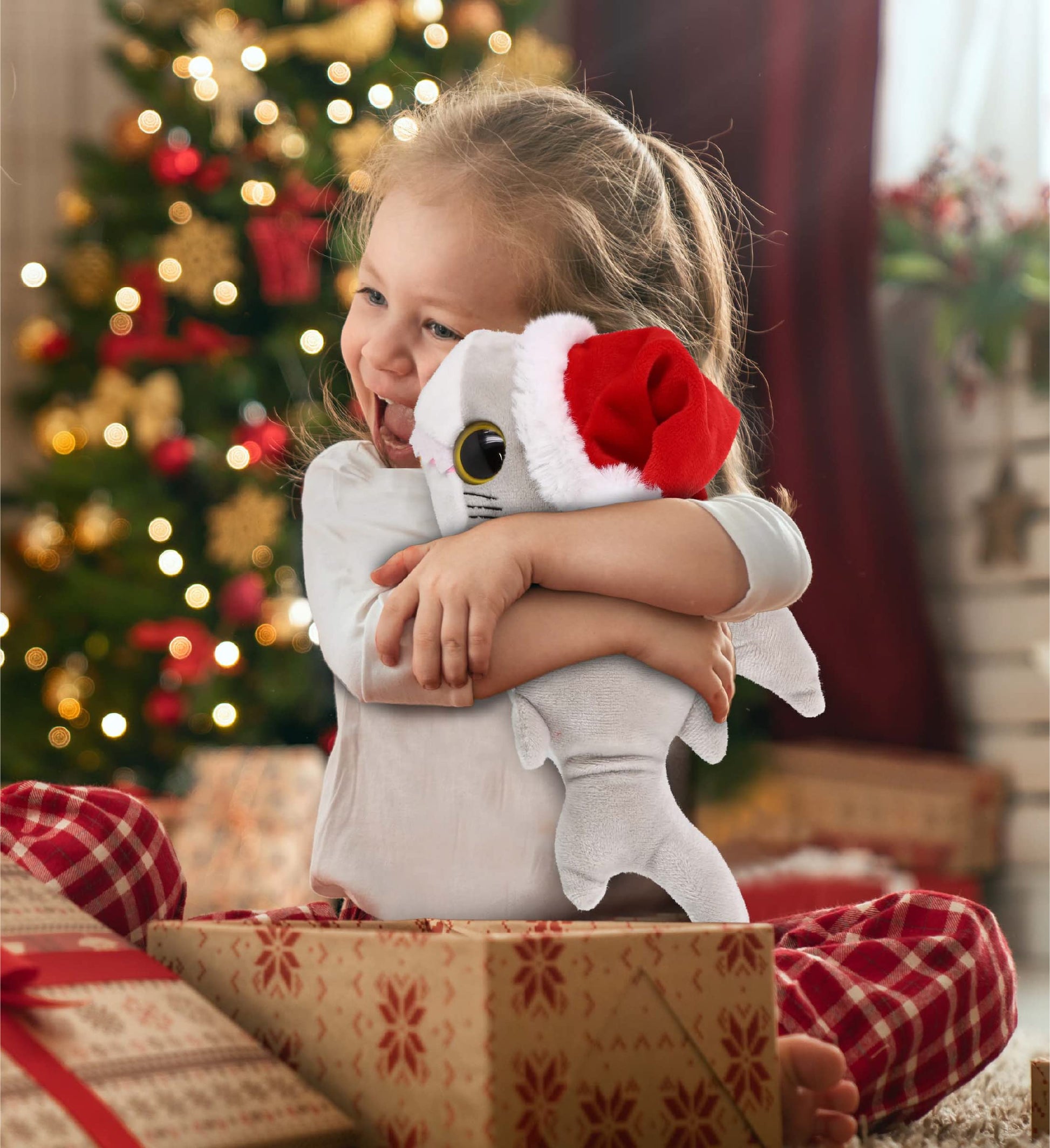DolliBu Santa Big Eye Shark Stuffed Animal Plush Toy - Soft Ocean Life Animal Dress Up with Red Santa Claus Outfit, with Name Personalization - 6 Inch