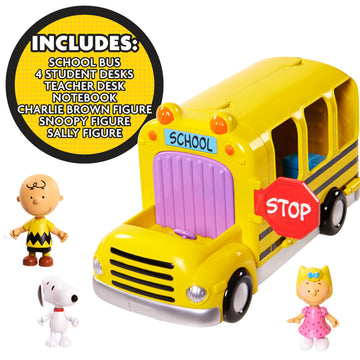 Peanuts Charlie Brown's Interactive School Bus Toy, 11-Pieces, Includes Charlie Brown, Sally, and Snoopy Figures, Toy for Fans, Boys, Girls, Kids