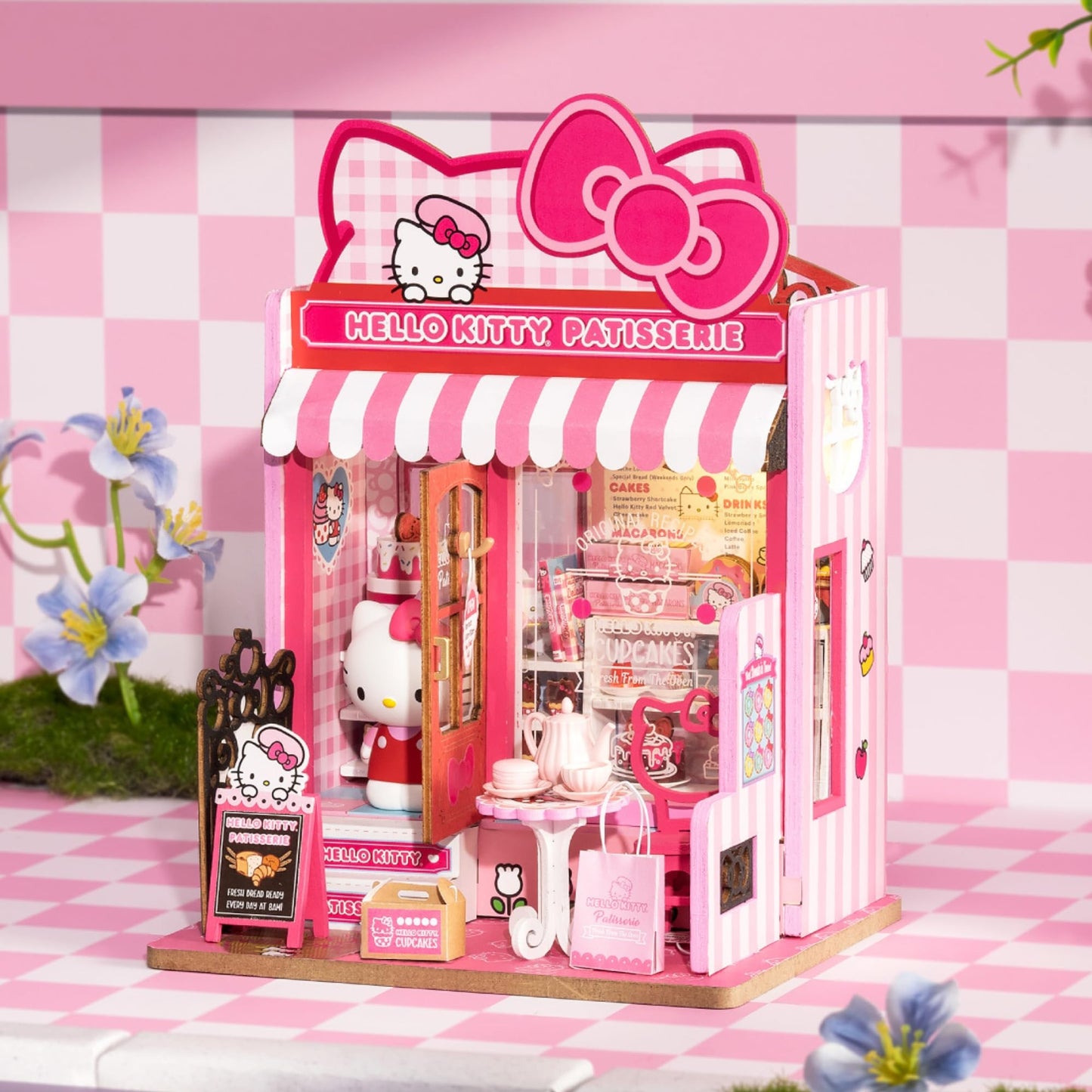 Hands Craft Hello Kitty Patisserie Miniature House Kit with Hello Kitty Figurine - Kawaii 3D Puzzle with Switch Activated LED Lights - DIY Wooden