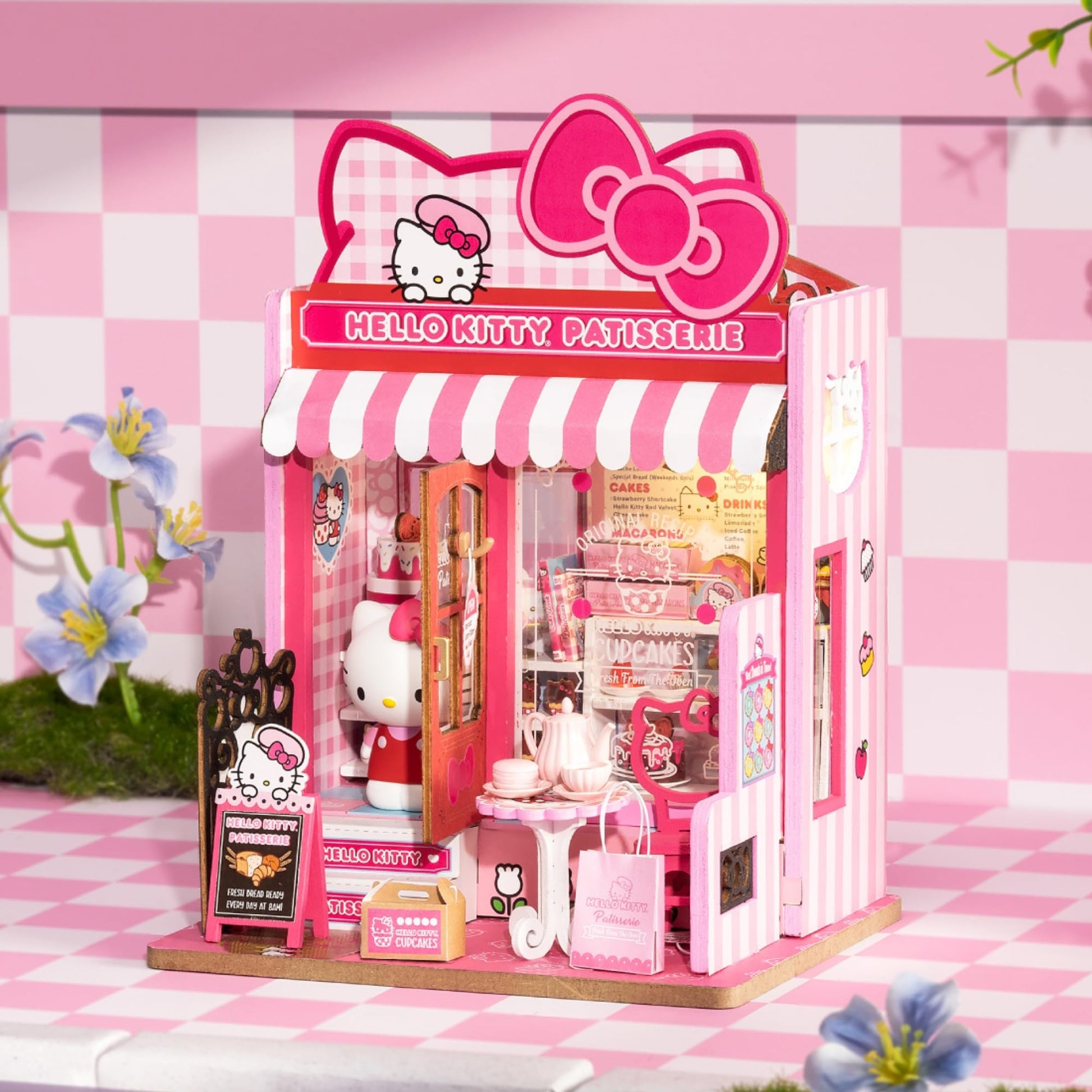 Hands Craft Hello Kitty Patisserie Miniature House Kit with Hello Kitty Figurine - Kawaii 3D Puzzle with Switch Activated LED Lights - DIY Wooden