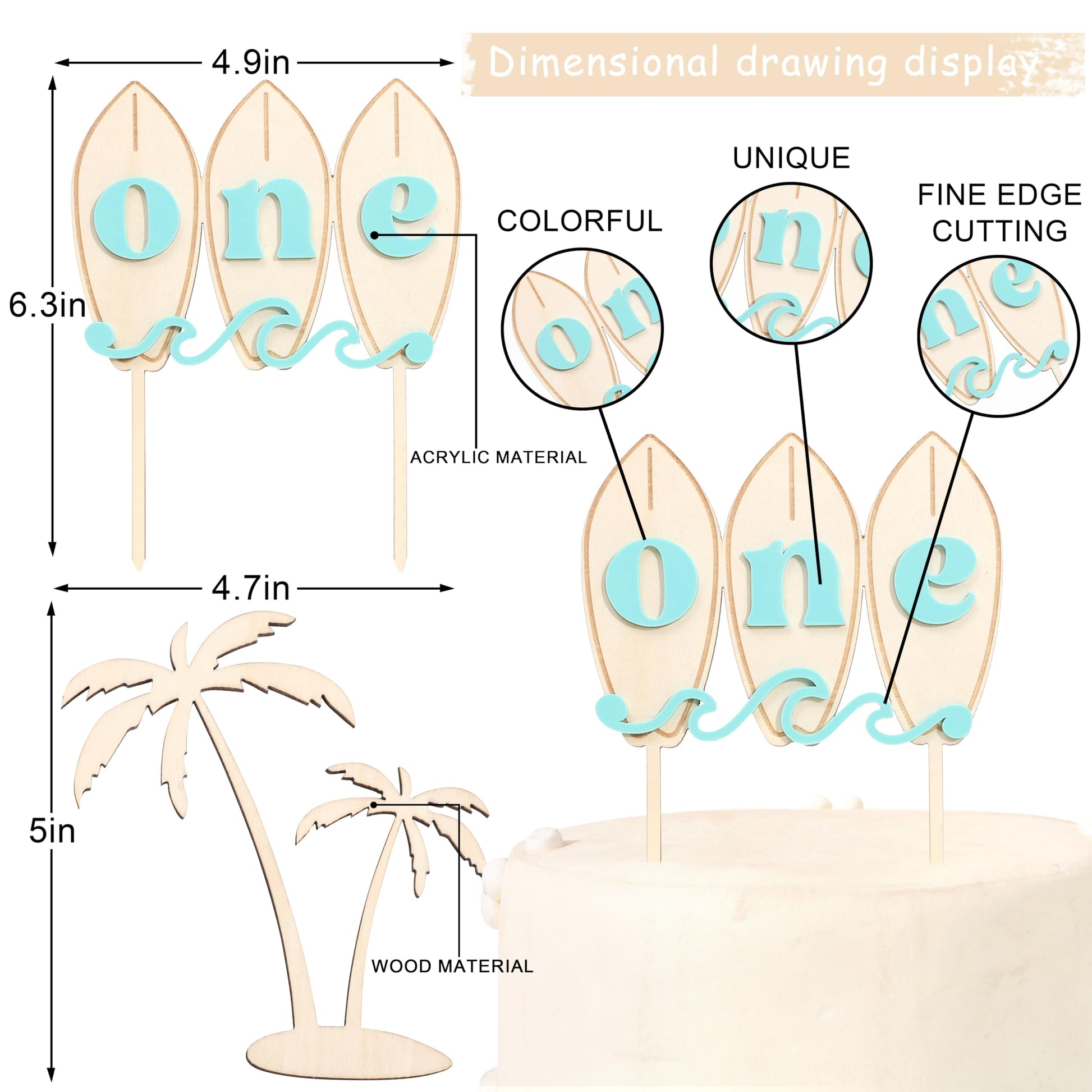 Big One Wave Surf Wood Cake Topper - Surfboard Birthday Cake Decoration, Beach Wave Themed Birthday, Surfboard One Cake Topper, Surfing The Big One