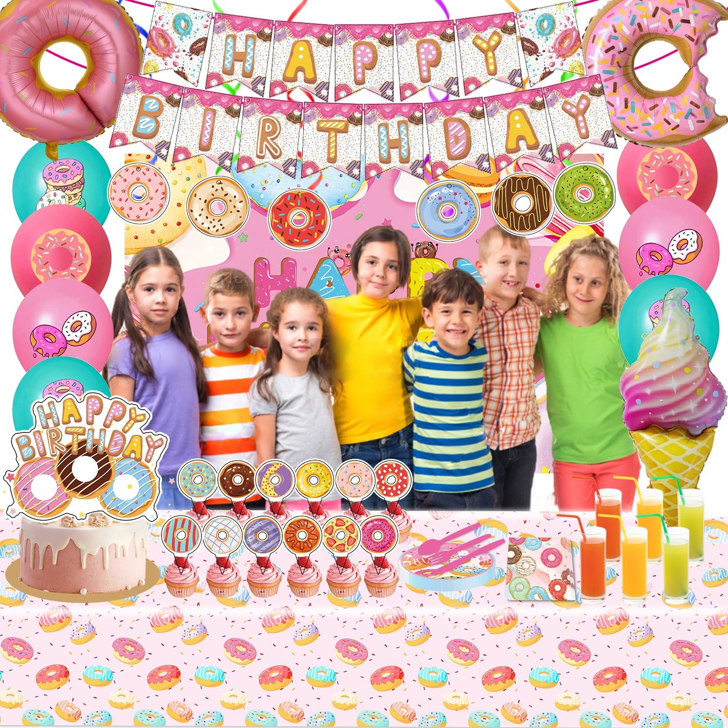 Donut Sweets Birthday Party Supplies, Donut Style Party Decorations Include Happy Birthday Banner, Backdrop, Tableware Set, Tablecloth, Cake Toppers