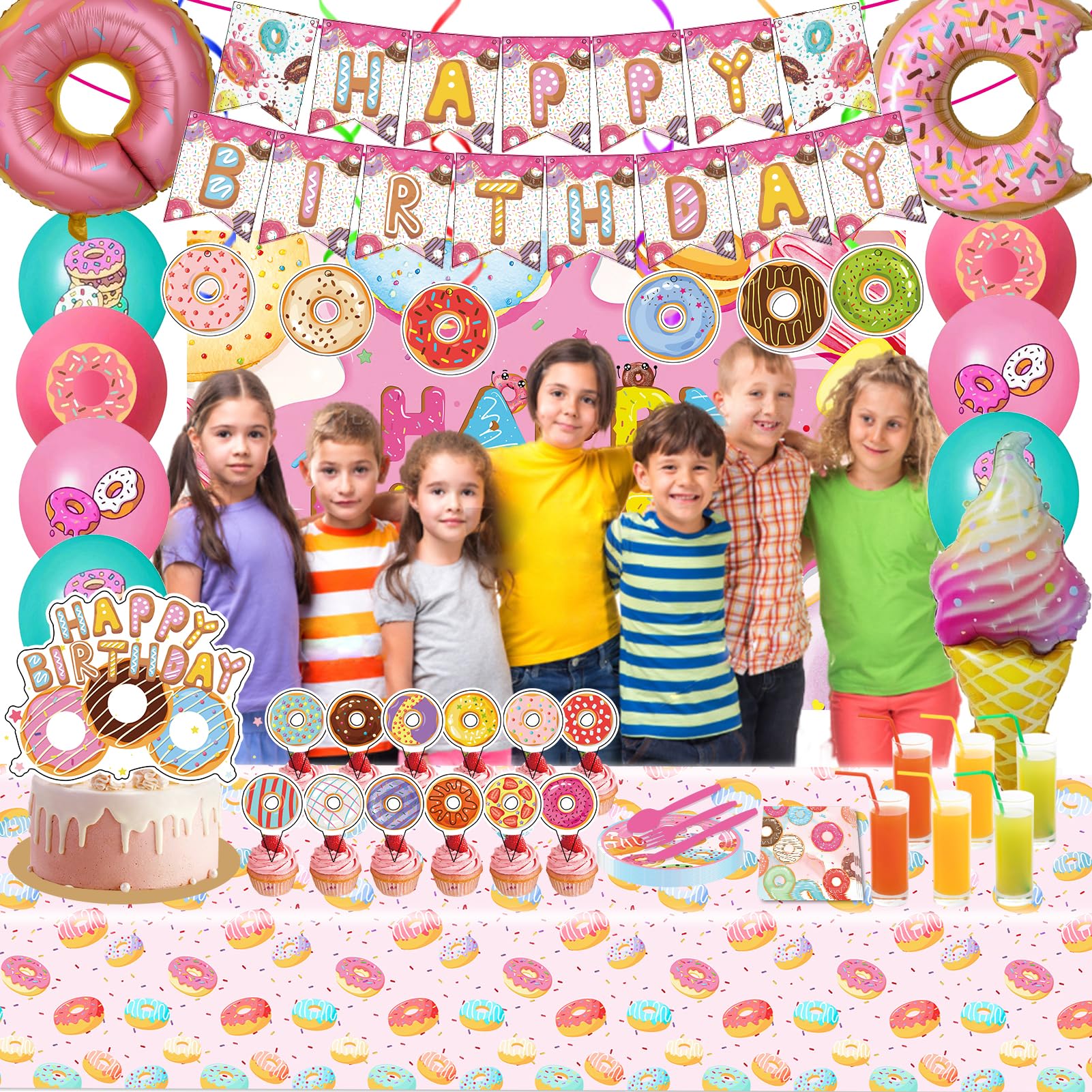Donut Sweets Birthday Party Supplies, Donut Style Party Decorations Include Happy Birthday Banner, Backdrop, Tableware Set, Tablecloth, Cake Toppers