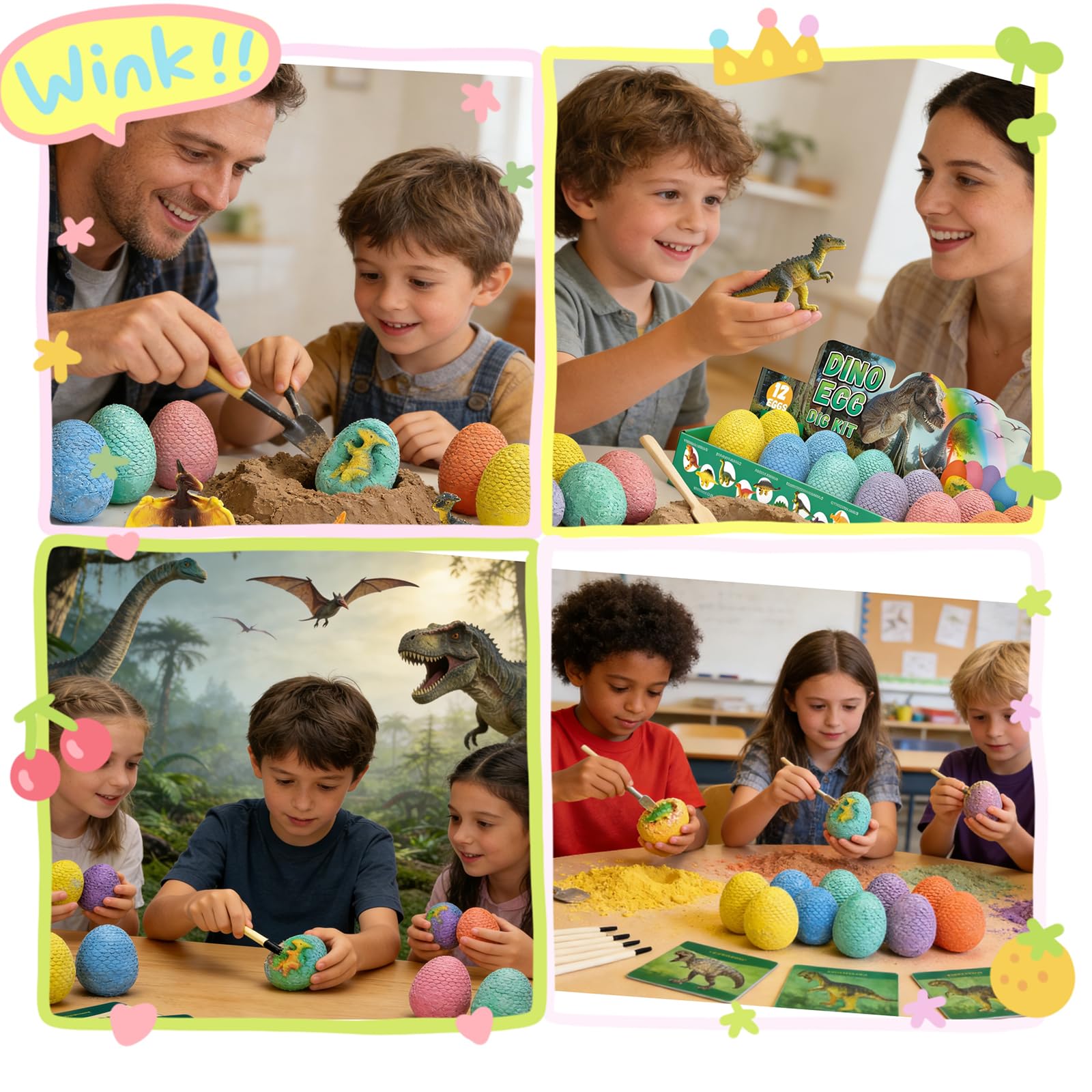 12 Pack Easter Dino Egg Dig Kit for Kids - Dinosaur Egg Excavation Toy with 12 Unique Dinosaurs Eggs Tools & Learning Cards STEM Archaeology Science