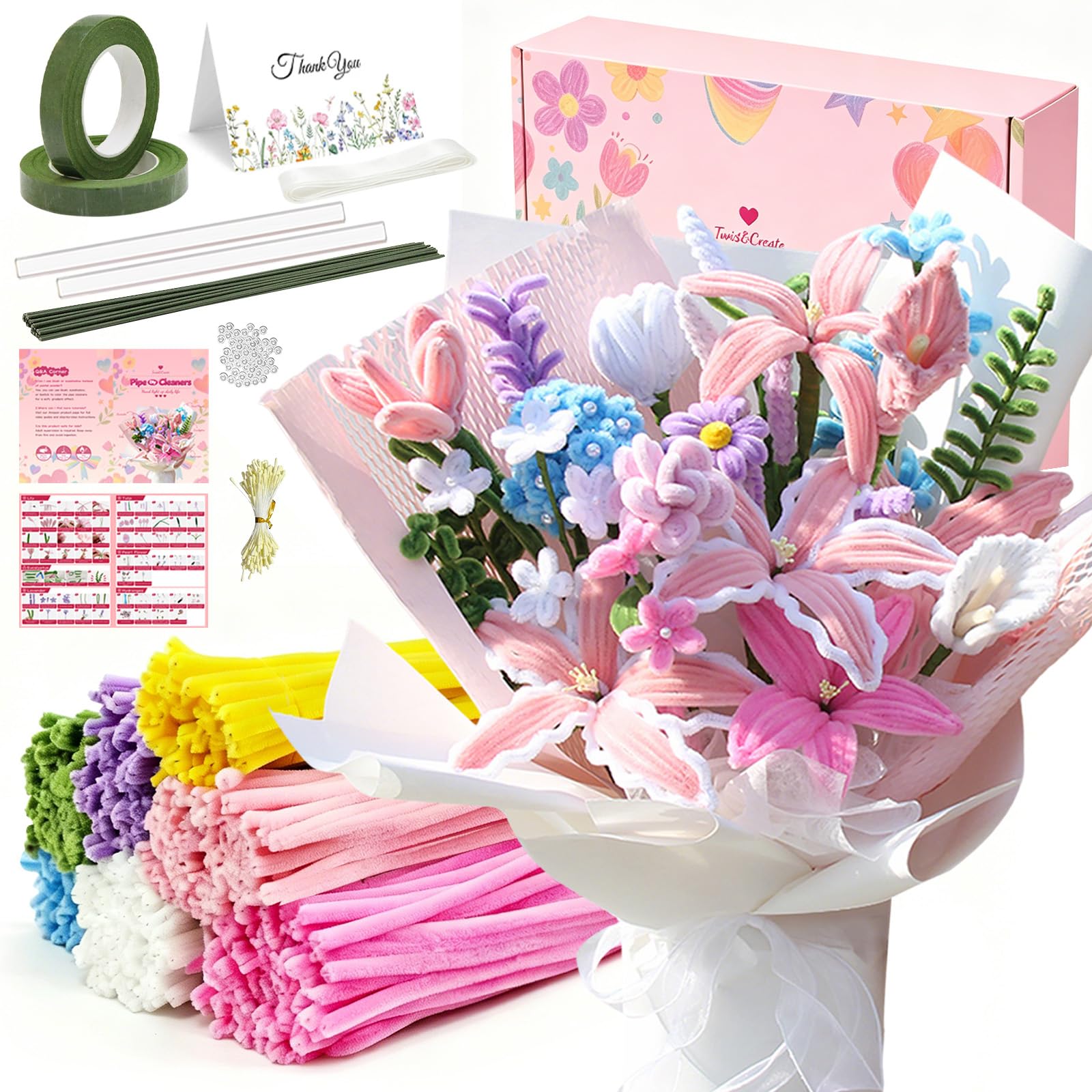 650PCS Pipe Cleaners Bulk, 7 Colors Pastel Pink Chenille Stems DIY Flower Kit with Floral Wires, Tape, Stamens, Wrapping Paper for Handmade Bouquet