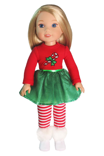 American Fashion World Candy Cane Tutu Dress Set for 14-Inch Dolls | Leggings Included |Premium Quality & Trendy Design | Dolls Clothes | Outfit