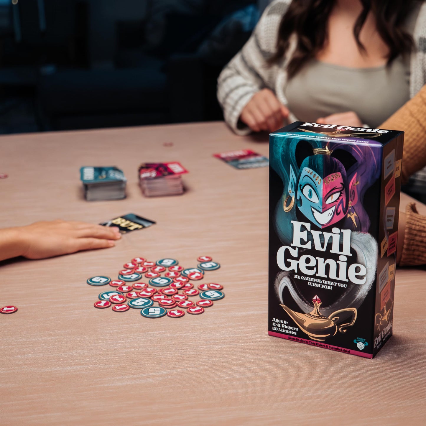 Evil Genie, Party Game Where Players Combine Good Cards with Evil Cards to Grant One Messed Up Wish, Then Guess If The Wish Will Be Taken to Score