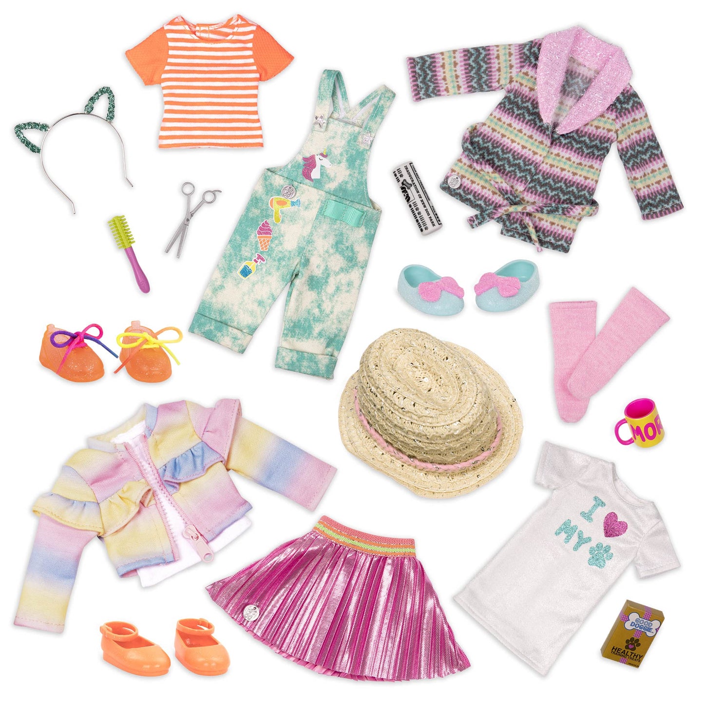 Glitter Girls - 14-Inch Doll Outfit Bundle - 3 Fashion Outfits - Rainbow Jacket, Cat - Ears, Sweater Dress - Clothes & Accessories - Fashion Pack - 3+
