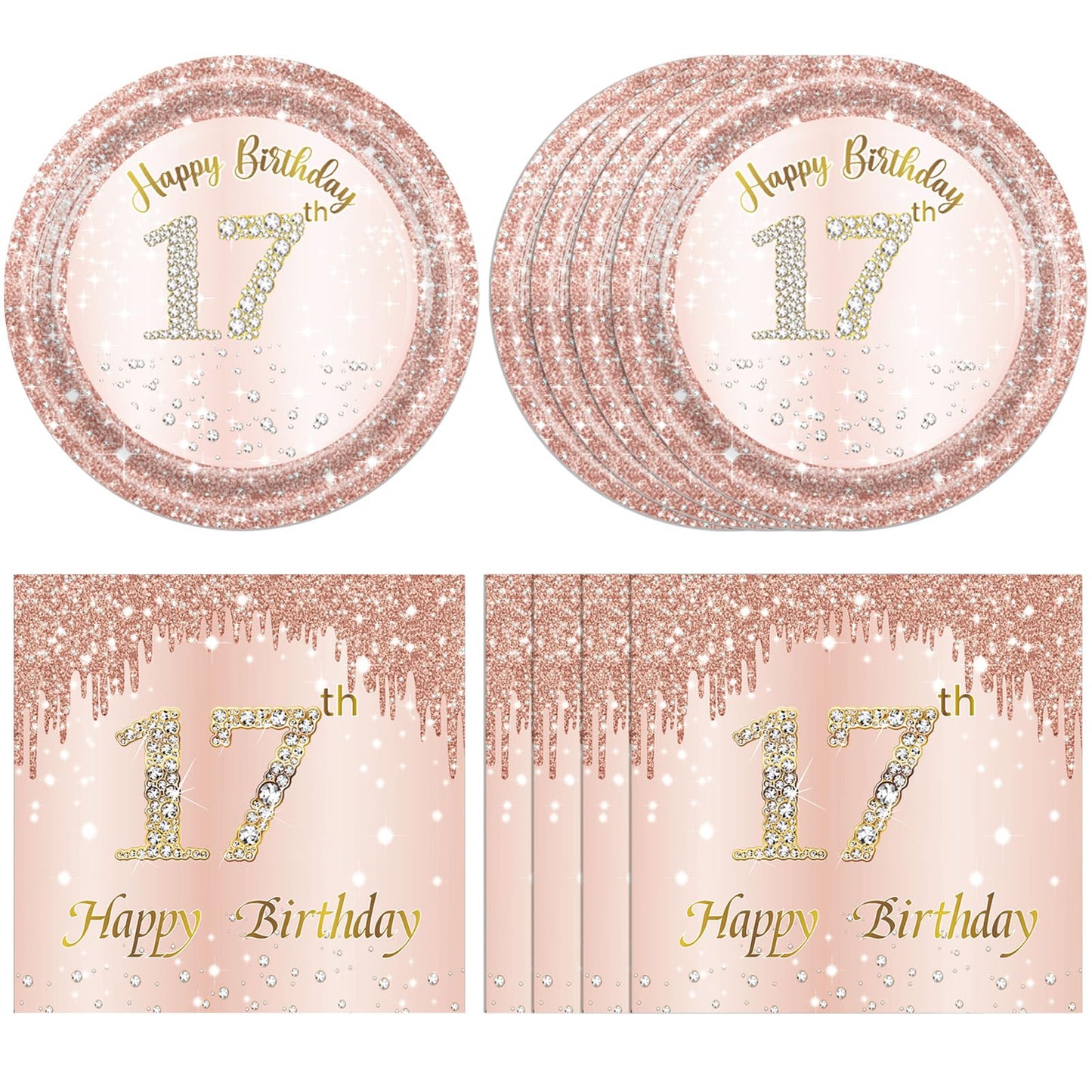 40 Pcs 17th Birthday Decorations for Girls,Rose Gold 17 Years Old Birthday Party Plates and Napkins Disposable 17th Birthday Paper Tableware Set
