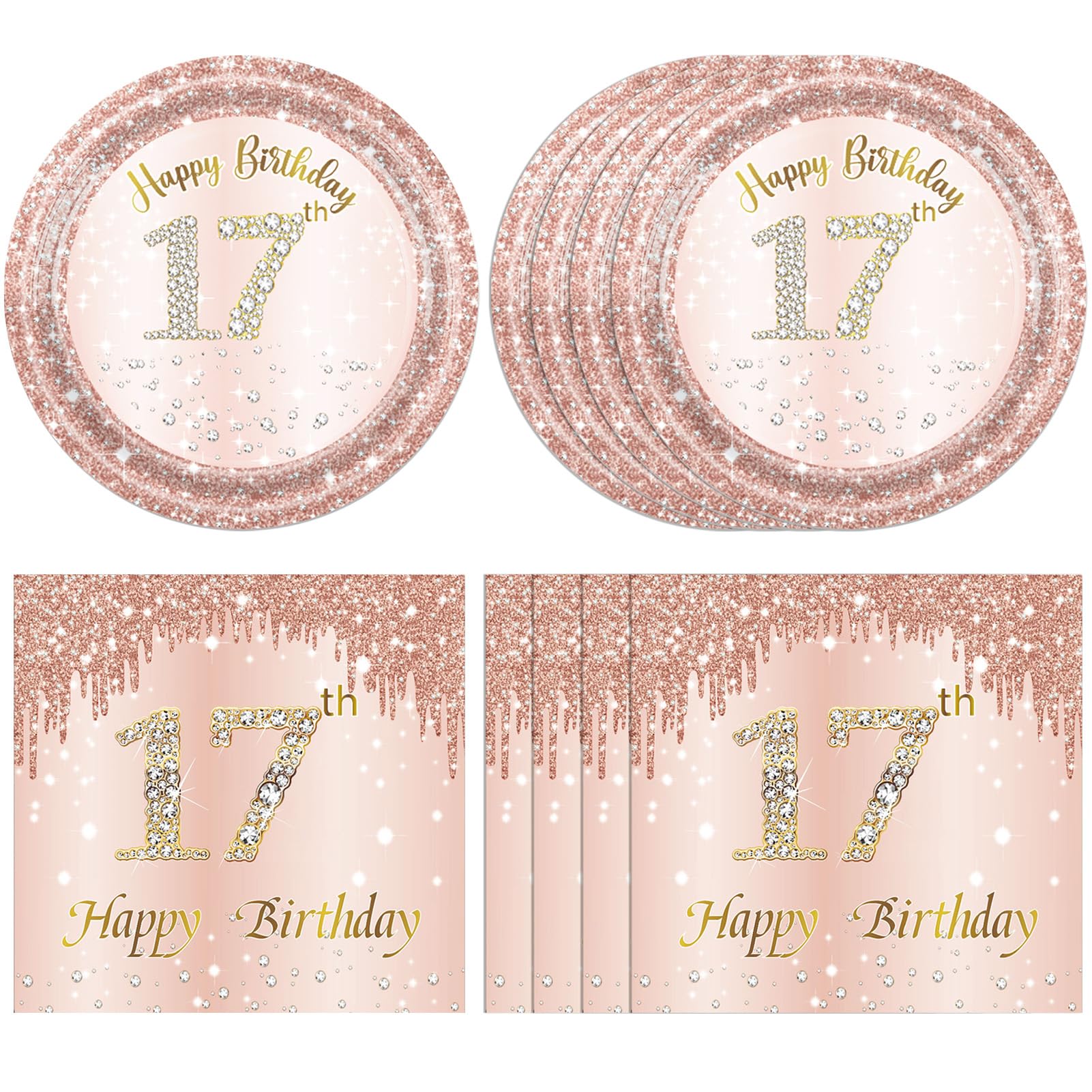 40 Pcs 17th Birthday Decorations for Girls,Rose Gold 17 Years Old Birthday Party Plates and Napkins Disposable 17th Birthday Paper Tableware Set