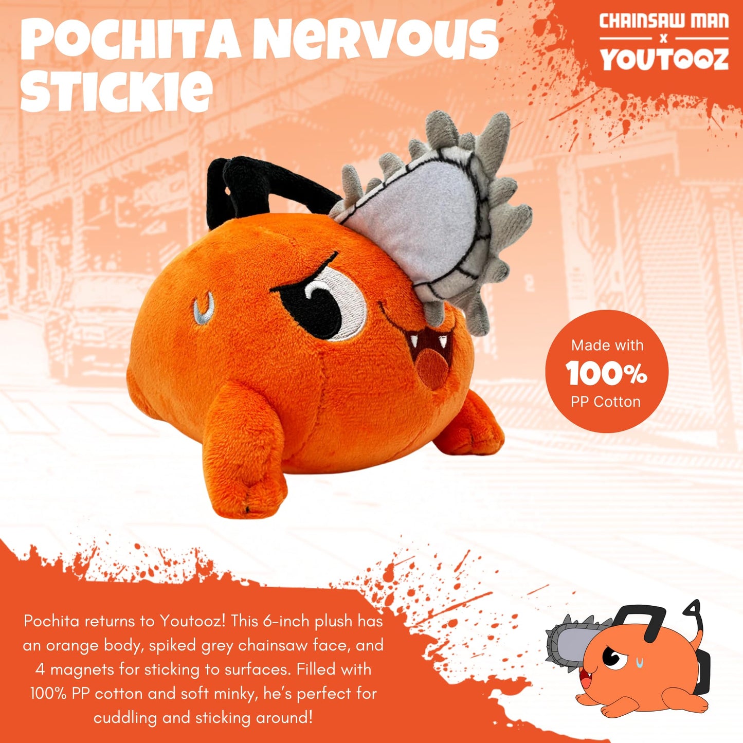Youtooz Pochita Nervous Stickie 6" Plush, Collectible Soft Plushie, Huggable Stuffed Animal Toy Figure from Chainsaw Man Collection