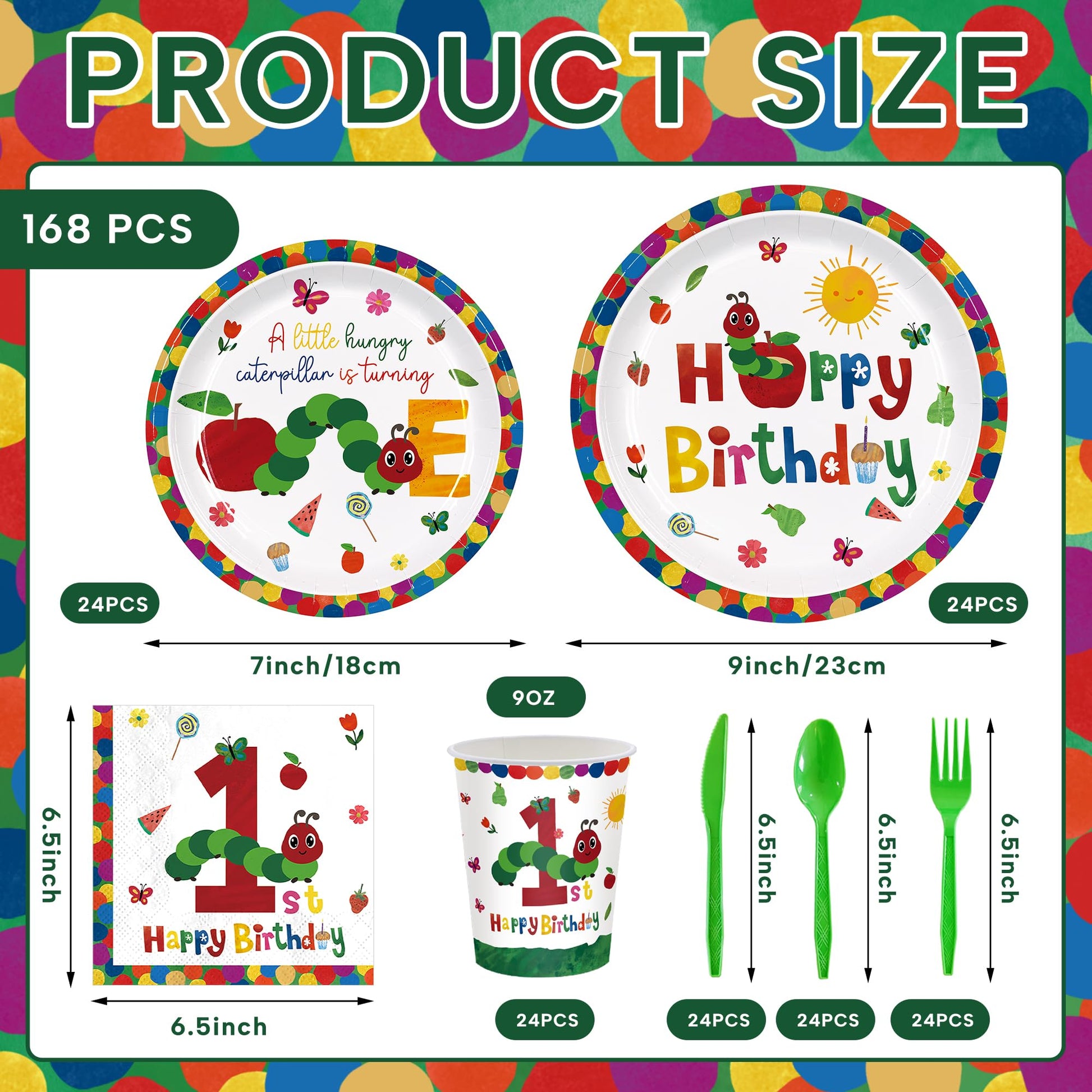 ZQMONTIA 168Pcs Caterpillar 1st Birthday Party Supplies Green Insect Plates Napkins Disposable Tableware Set Hungry Bug Party Decoration for Kids