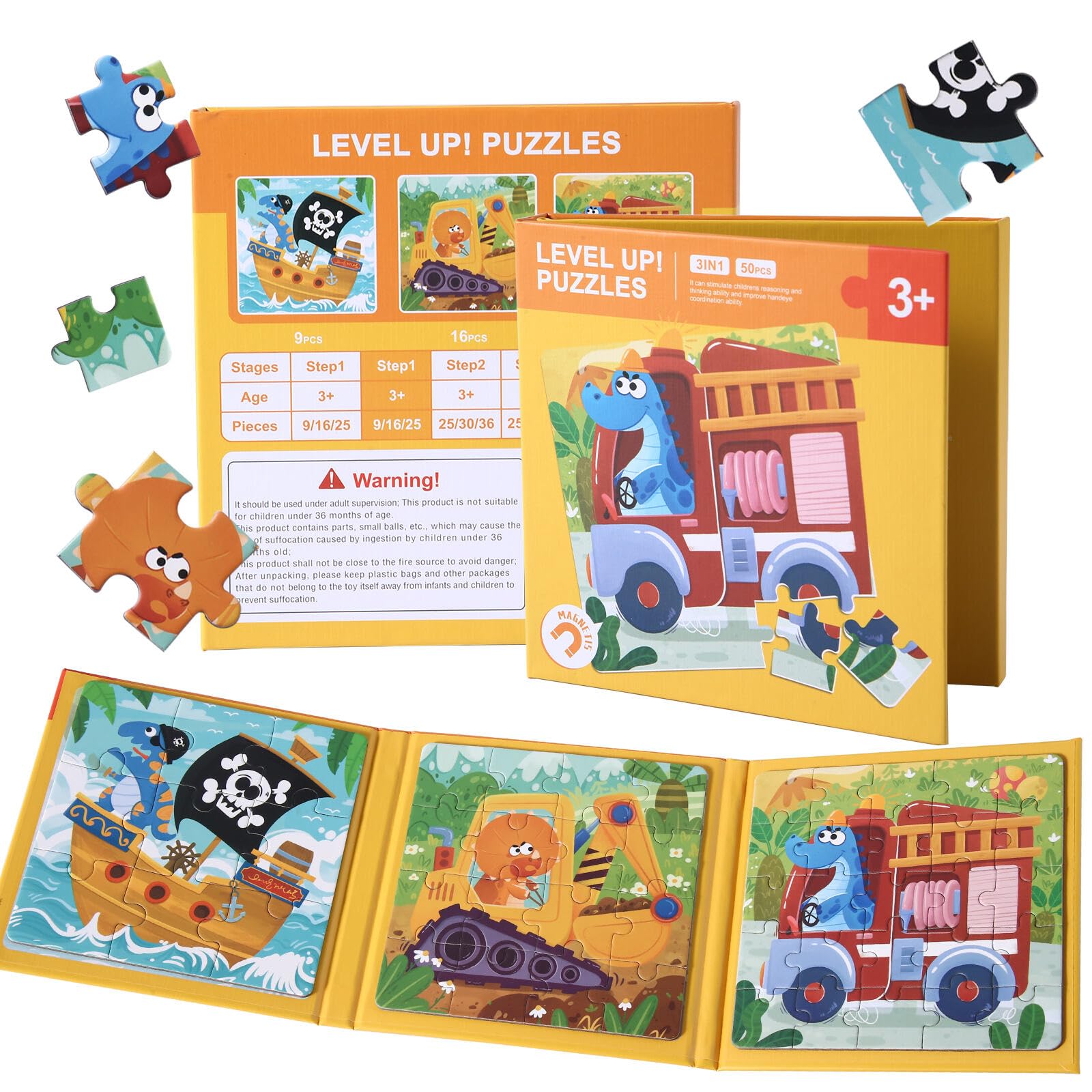 Magnetic Puzzles for Toddlers 3-5 Years, 3 in 1 Vehicle & Adventure Toys with 9/16/25 PCS, Travel Activity for Boys and Girls, Preschool Puzzle Game
