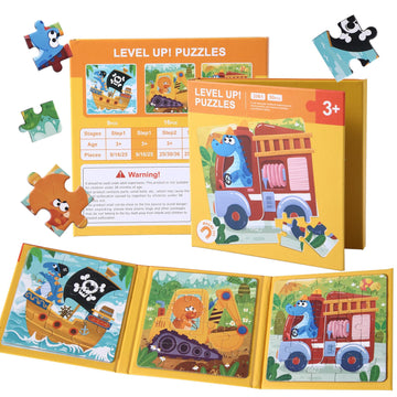 Magnetic Puzzles for Toddlers 3-5 Years, 3 in 1 Vehicle & Adventure Toys with 9/16/25 PCS, Travel Activity for Boys and Girls, Preschool Puzzle Game