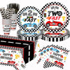 126pcs Race Car 2nd Birthday Party Decorations - White and Black Checkered Racing Car Two Fast Dessert Plates Napkins Cups Straws Table Cloth for Kids