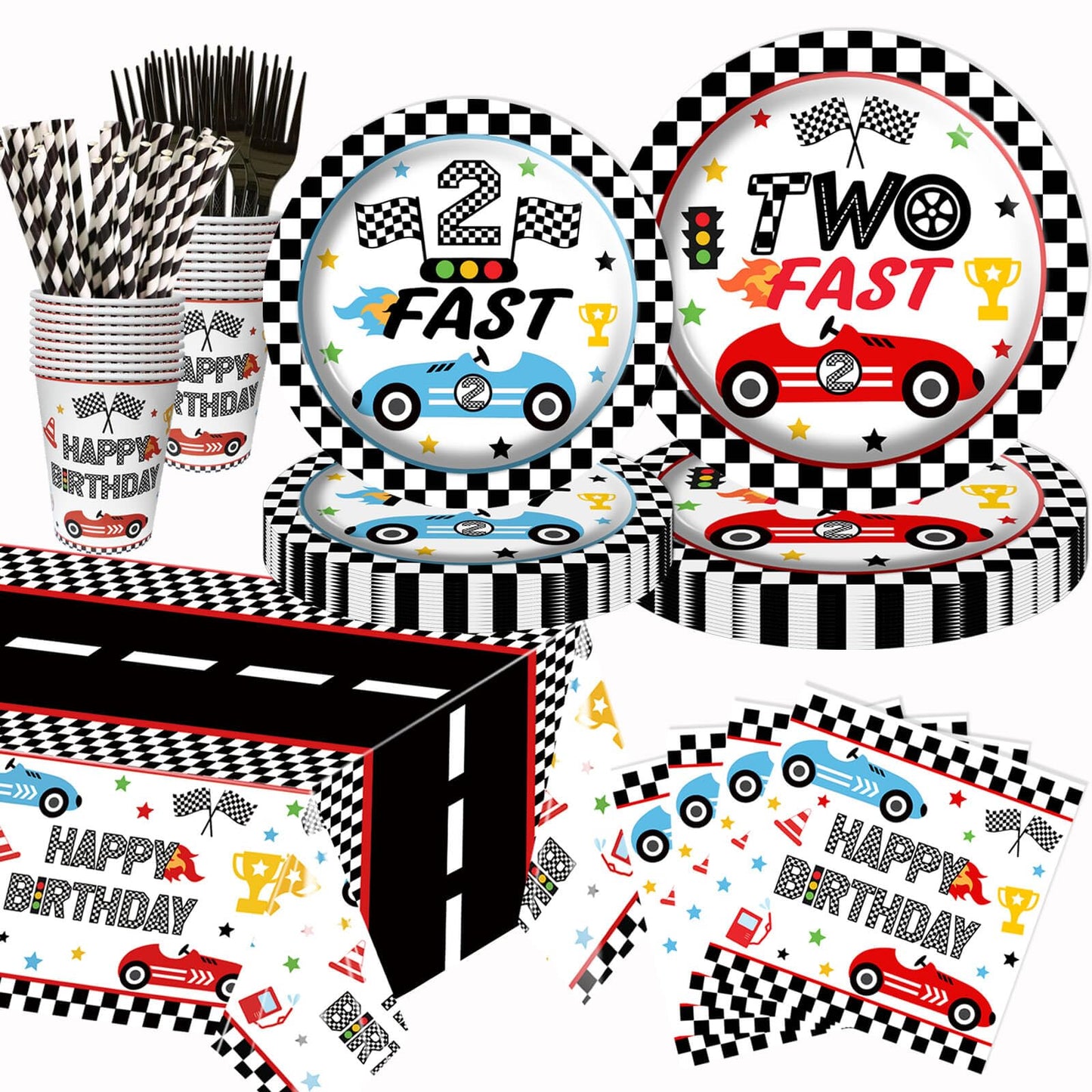 126pcs Race Car 2nd Birthday Party Decorations - White and Black Checkered Racing Car Two Fast Dessert Plates Napkins Cups Straws Table Cloth for Kids