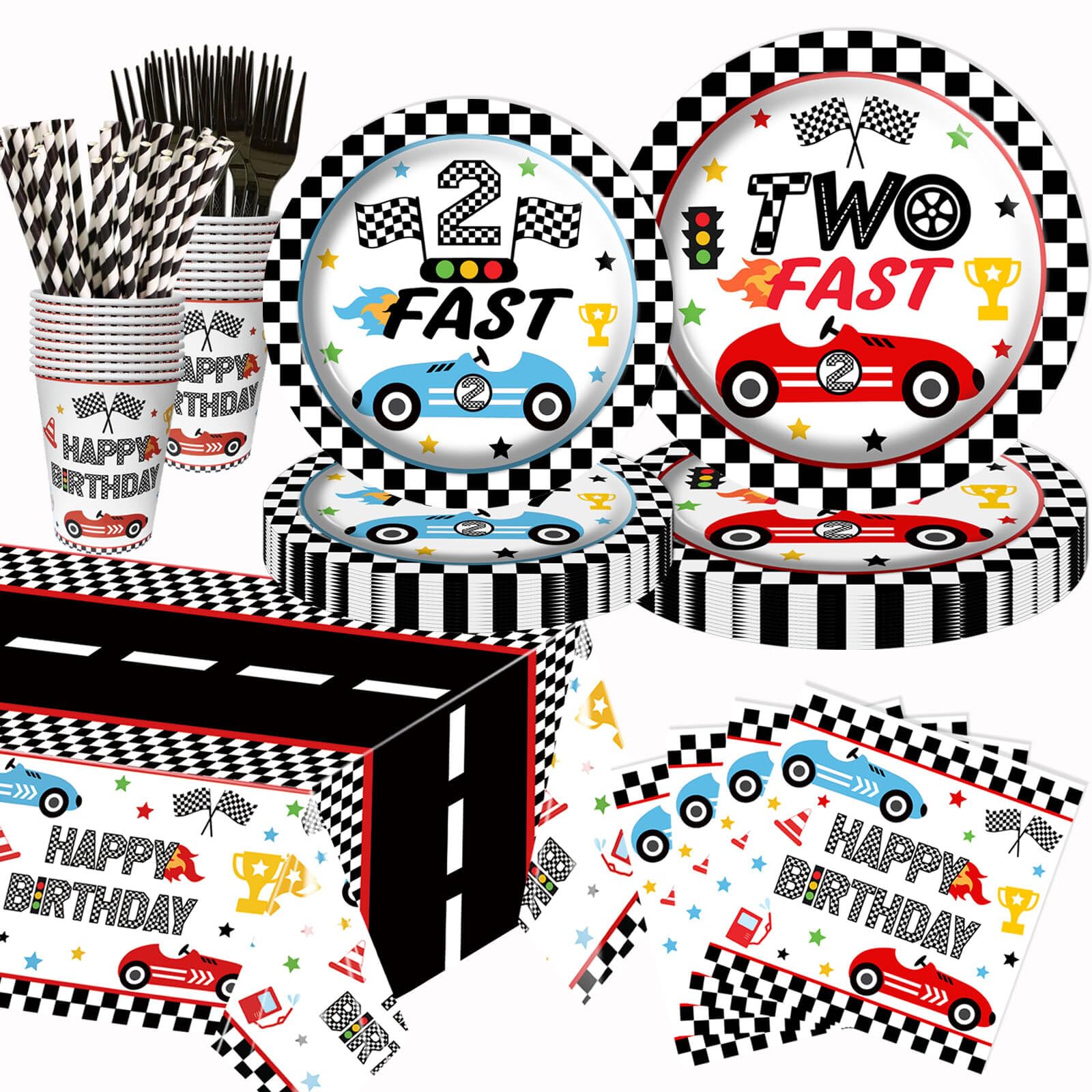 126pcs Race Car 2nd Birthday Party Decorations - White and Black Checkered Racing Car Two Fast Dessert Plates Napkins Cups Straws Table Cloth for Kids