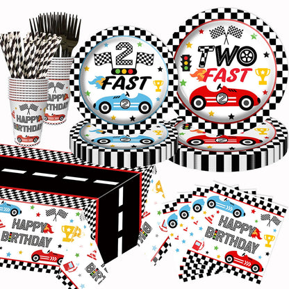 126pcs Race Car 2nd Birthday Party Decorations - White and Black Checkered Racing Car Two Fast Dessert Plates Napkins Cups Straws Table Cloth for Kids
