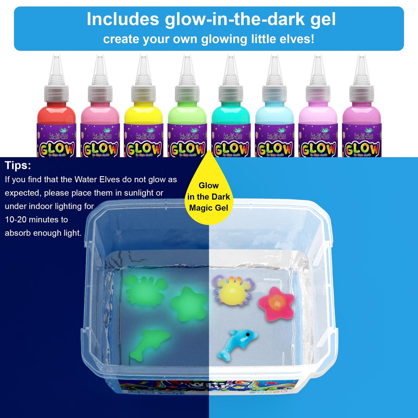 Kiditos Magic Water Elf Toy Kit for Kids, Glow-in-the-Dark Water Elves Craft Kit-DIY Water Pets Craft Kit with 8 Glow Gels, 10 Molds & Star Bottle