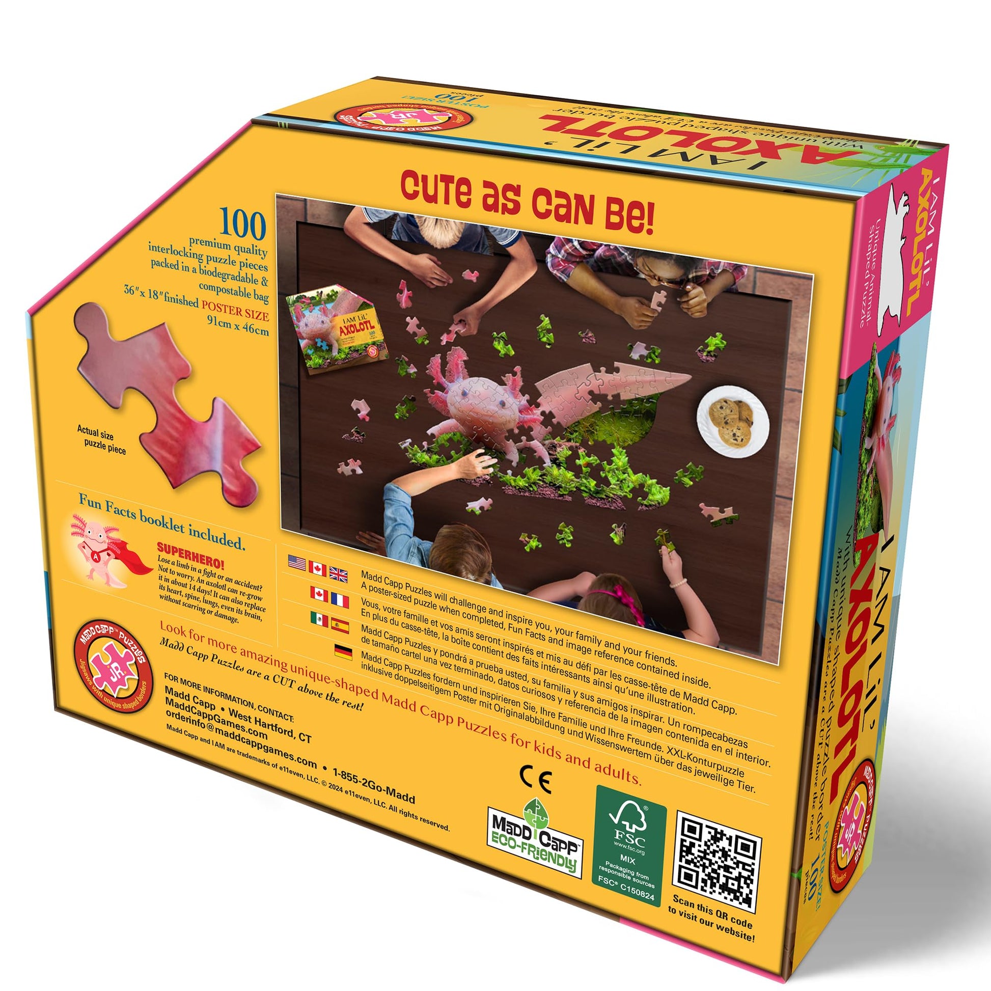 Madd CAPP: I Am Lil' Axolotl - 100 Piece Puzzle - Kids Animal-Shaped Jigsaw, 36" X 18" Finished Size, Poster Reference, Educational Fun Facts Booklet