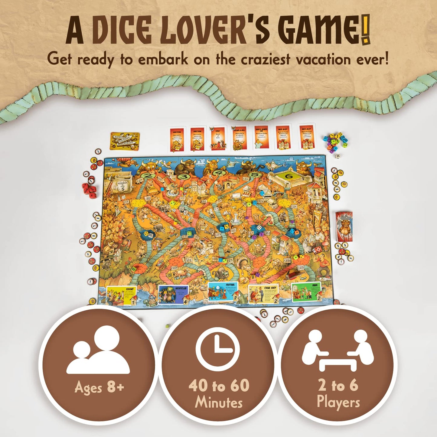 Calliope Games Running with the Bulls - Dice & Board Game - For Game Night - 2-6 Players