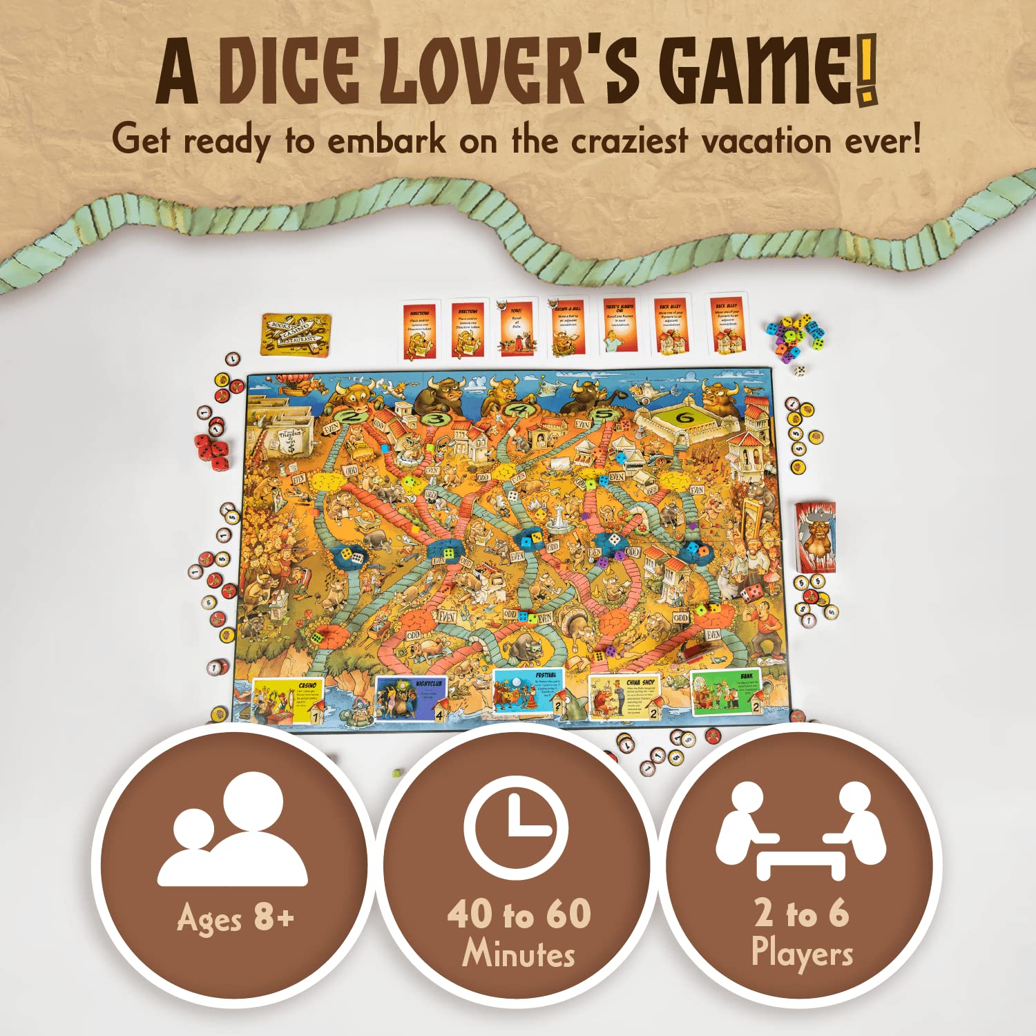 Calliope Games Running with the Bulls - Dice & Board Game - For Game Night - 2-6 Players