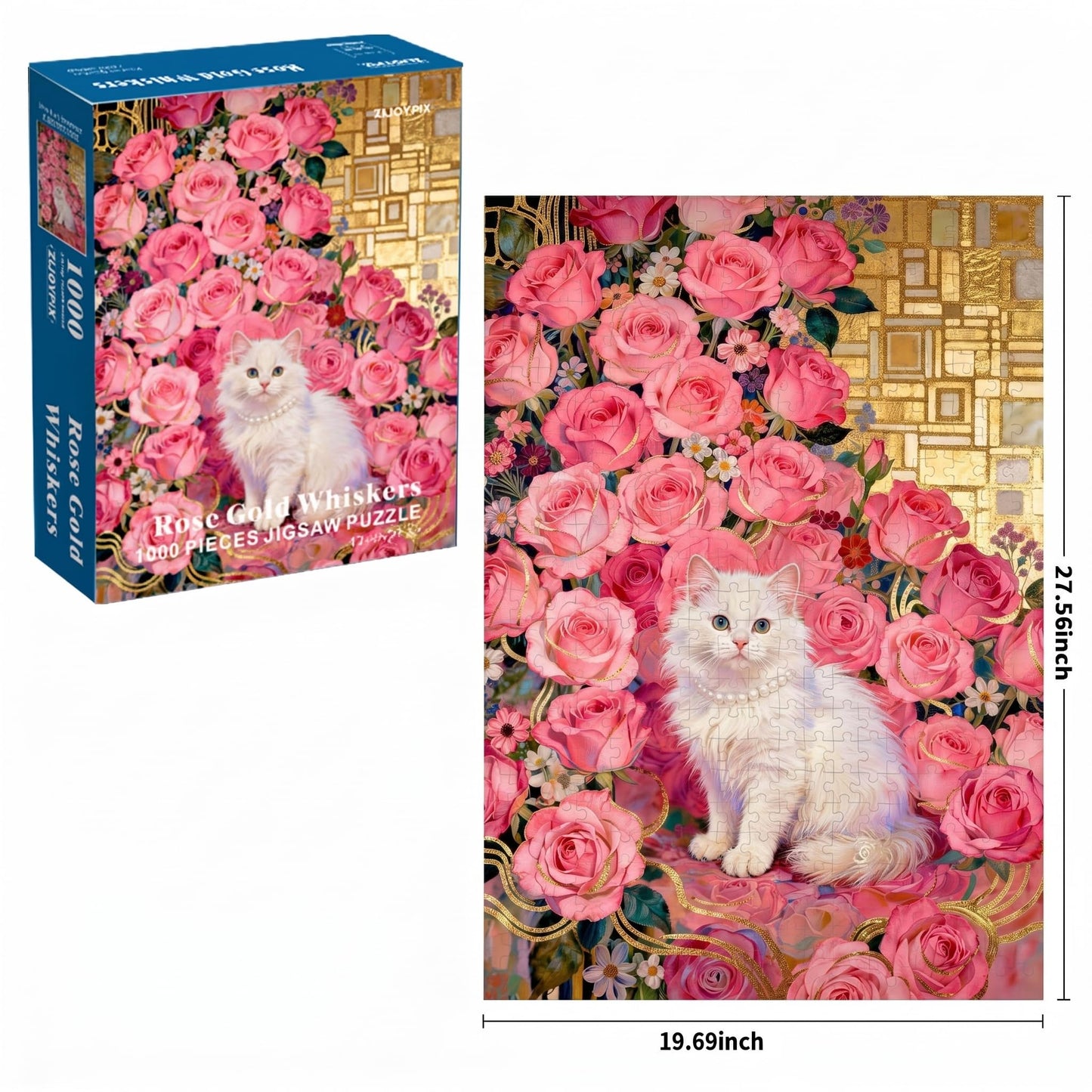 1000 Piece Puzzle for Adults, Elegant White Persian Cat with Pink Roses & Gold Art Nouveau Design, Premium Matte Finish, Thick Blue Cardboard, Perfect