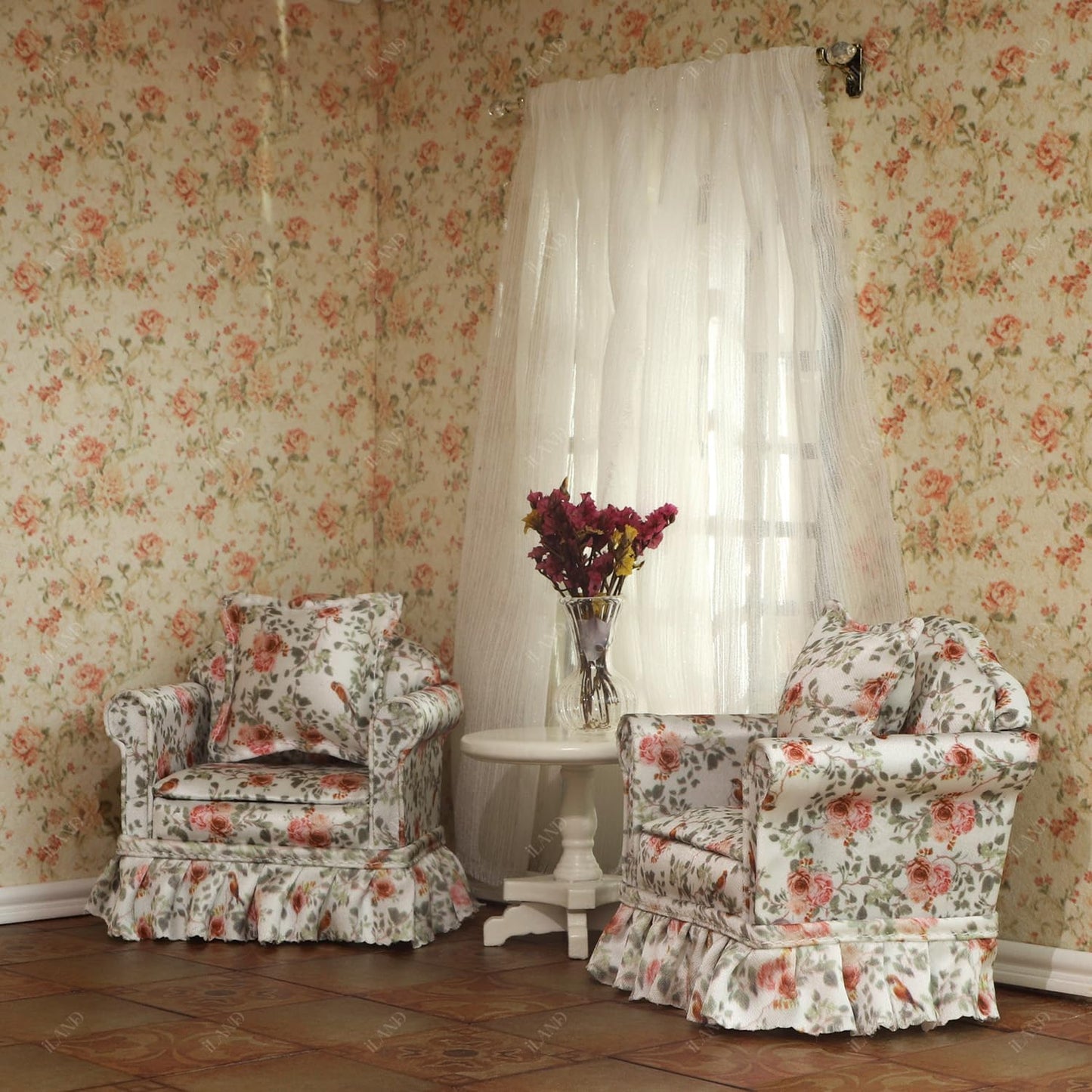 iLAND Dollhouse Furniture of Dollhouse Couch Set, Elegant Rose Pleated Single Sofas 2Pcs w/Cushions, Doll House Accessories and Furniture Miniature