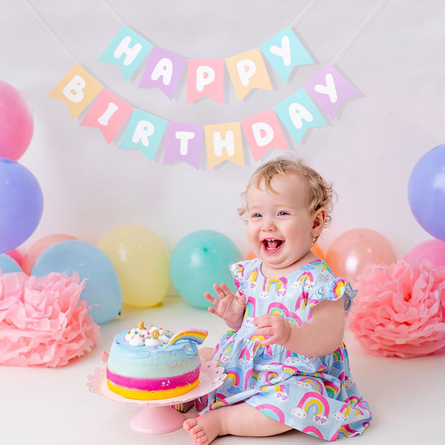 Pastel rainbow Happy Birthday Banner - Pink Purple Green birthday banner, happy birthday banner for girls, Pastel pink birthday decorations
