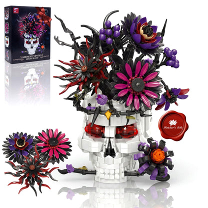 Skull Flower Bouquet Building Set, Wildflower Botanical Collection Kit for Adult Women, Horror Gothic Skeleton Decor for Goth Home Table Art Decor